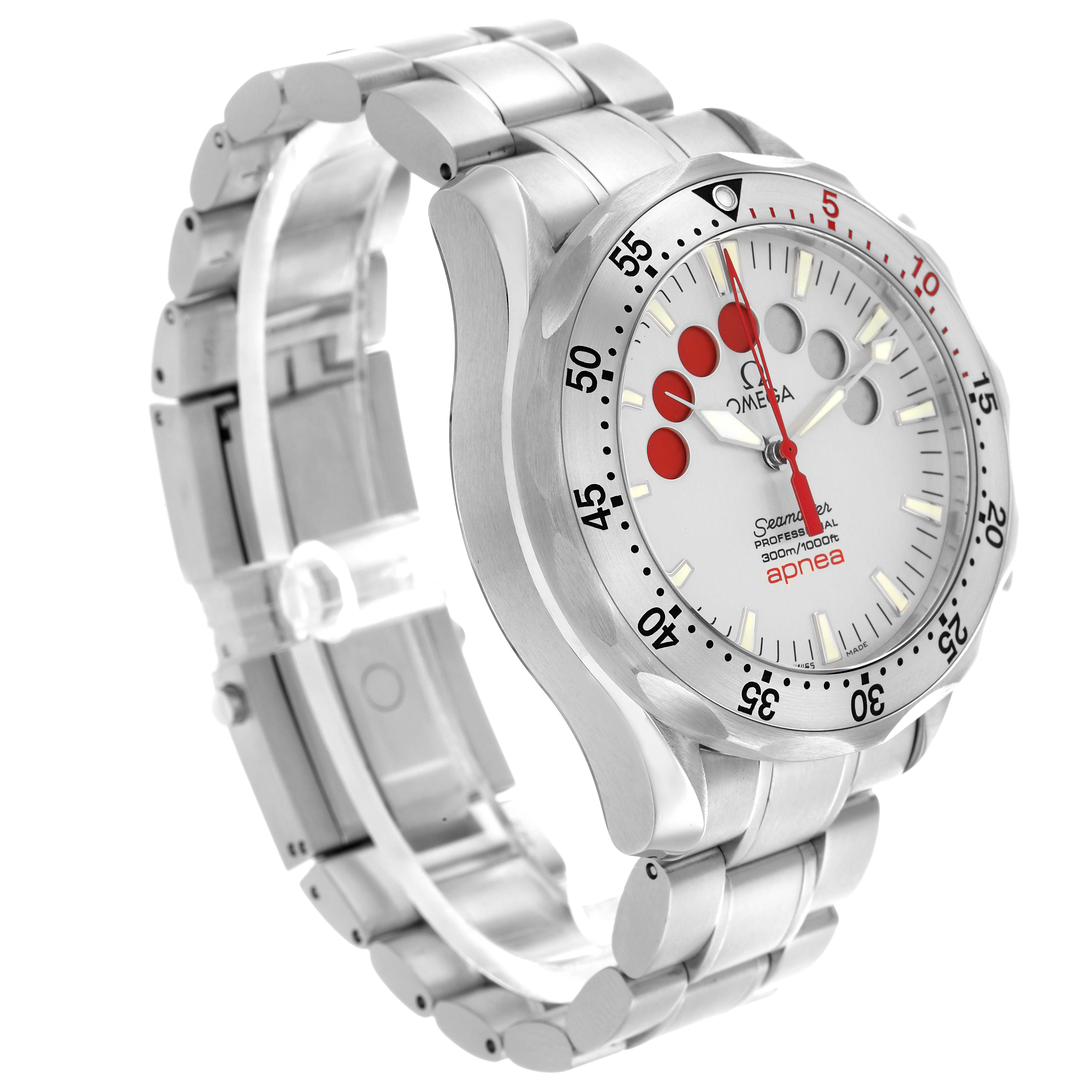 The Omega Seamaster 2595.30.00 Men
s Stainless Steel Silver Dial watch is shown at an angle highlighting the front, bezel, dial, and stainless steel bracelet.