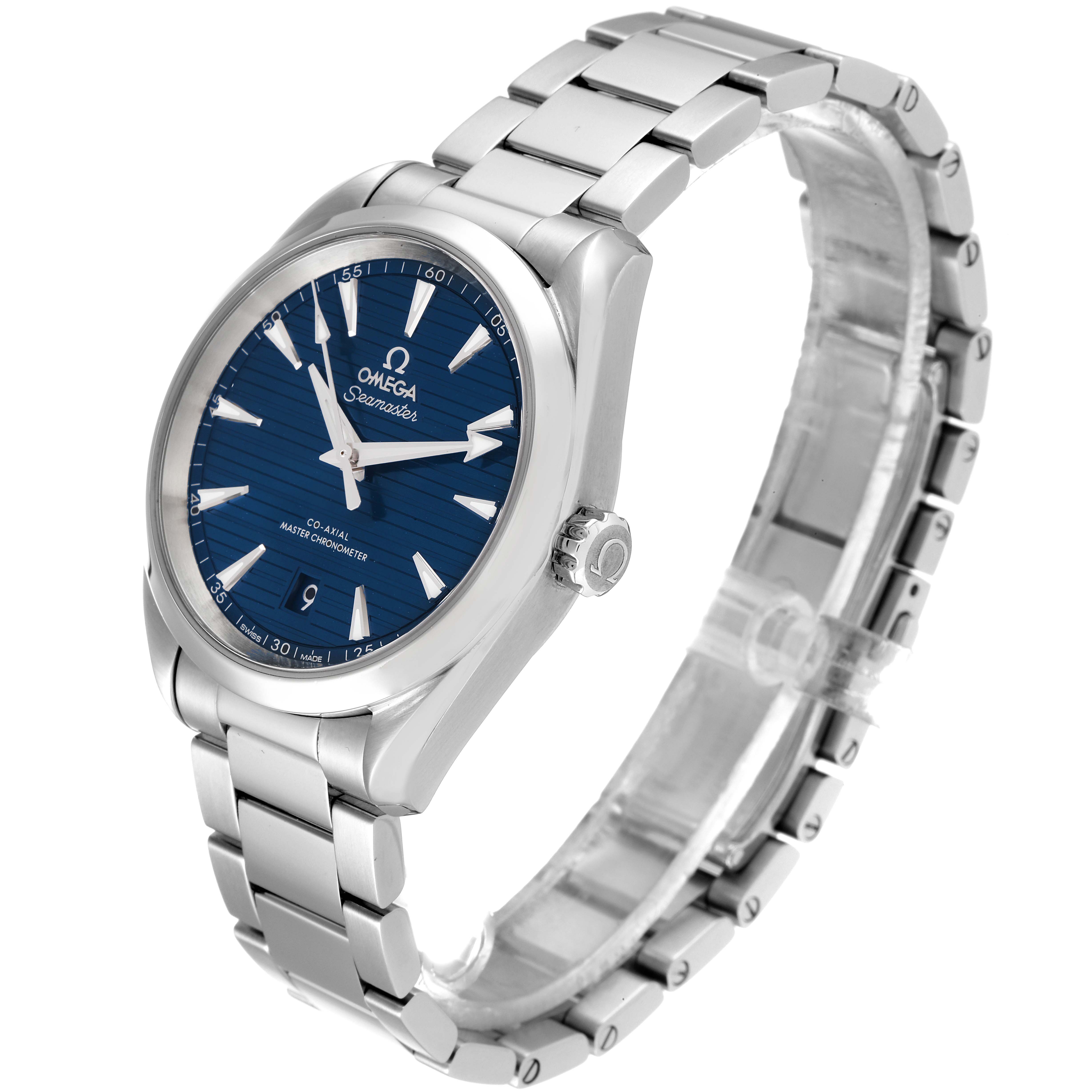 This Omega Aqua Terra 220.10.38.20.03.001 Men's Stainless Steel Blue Dial 220.10.38.20.03.001 Men's Stainless Steel Blue Dial watch is shown at an oblique angle, highlighting the face, crown, and bracelet.