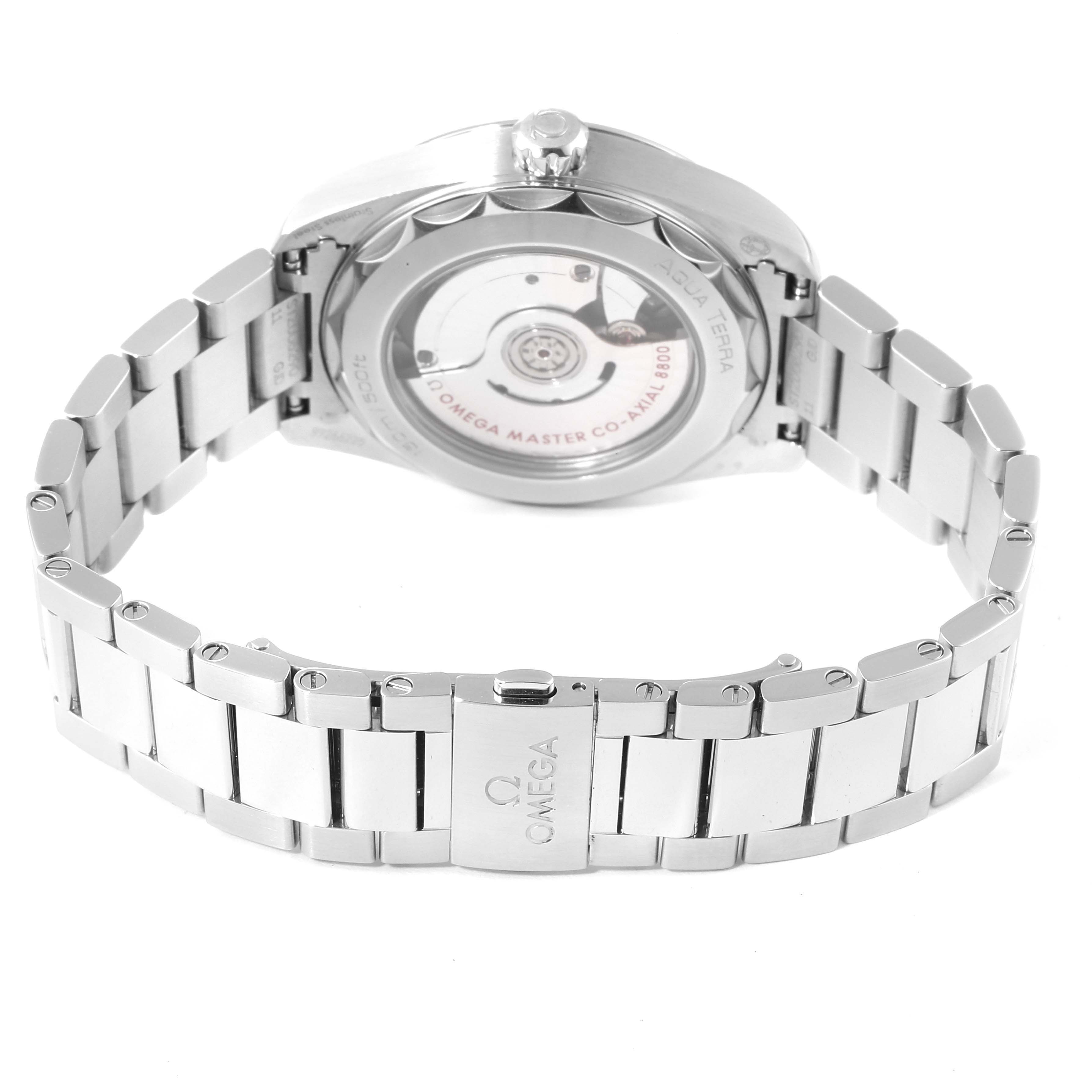 The image shows the back and bracelet of the Omega Aqua Terra 220.10.38.20.03.001 Men's Stainless Steel Blue Dial 220.10.38.20.03.001 Men's Stainless Steel Blue Dial watch, highlighting its stainless steel strap and transparent case back.