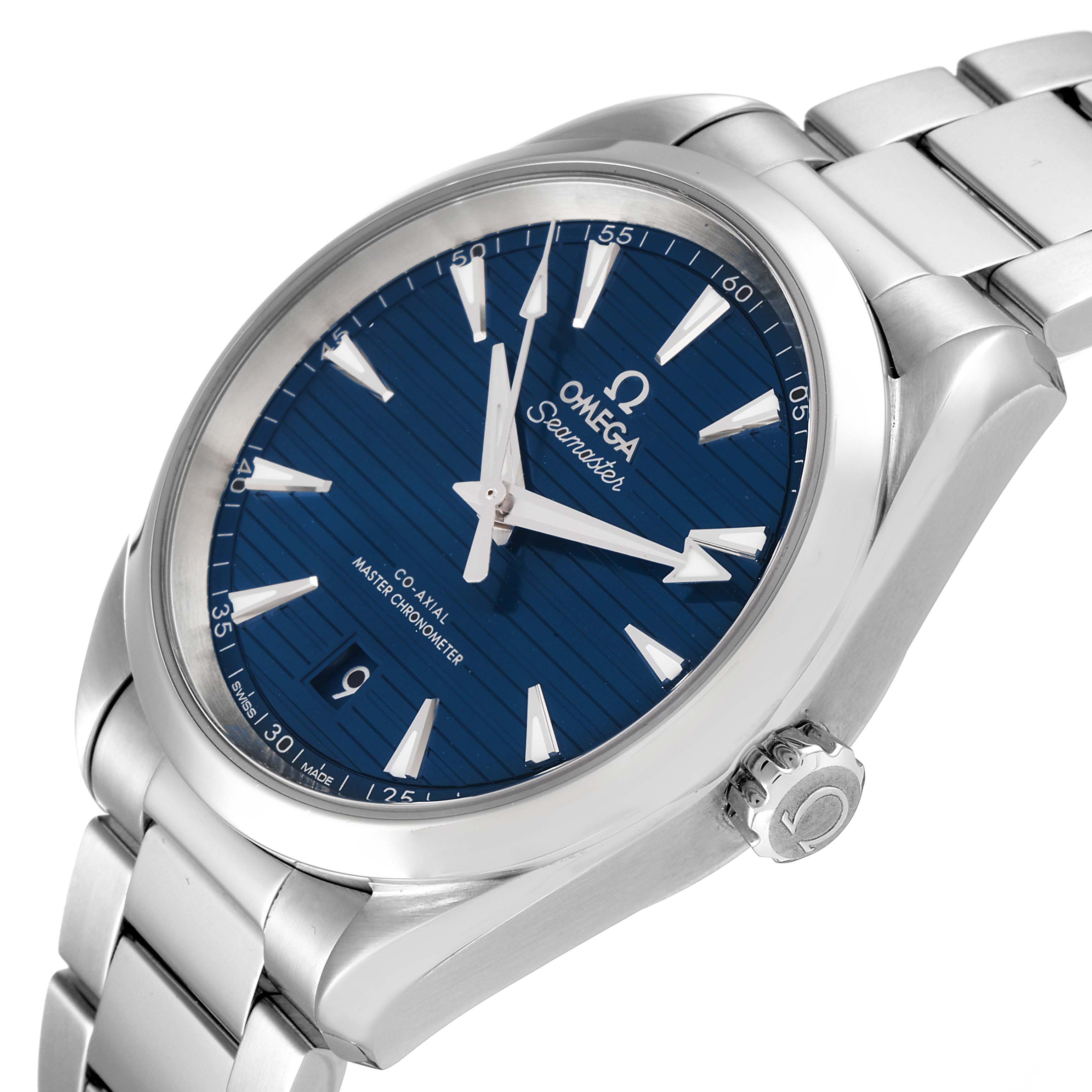 The image shows an angled view of the Omega Aqua Terra 220.10.38.20.03.001 Men's Stainless Steel Blue Dial 220.10.38.20.03.001 Men's Stainless Steel Blue Dial watch, highlighting the face, bezel, crown, and part of the bracelet.