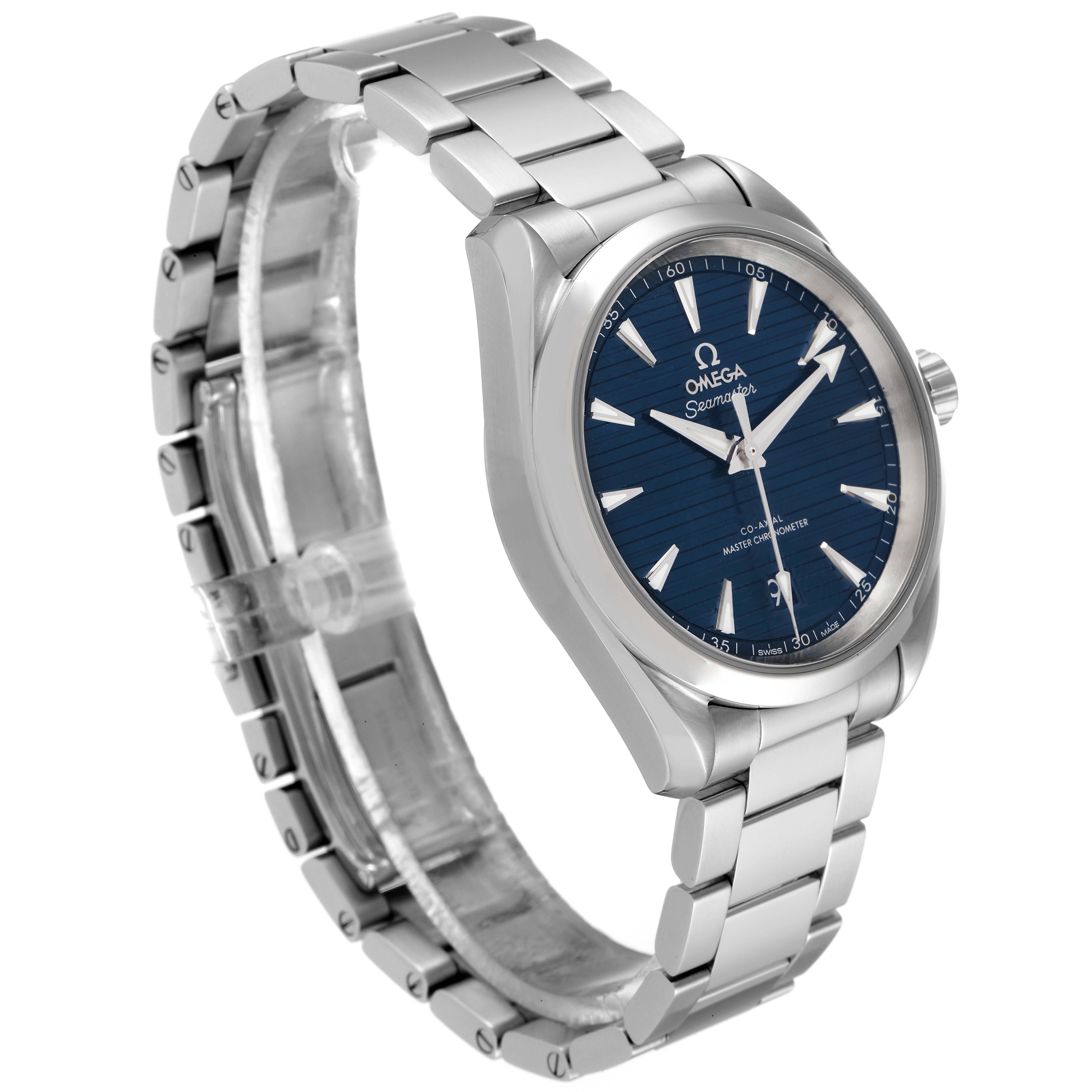 The image shows an Omega Aqua Terra 220.10.38.20.03.001 Men's Stainless Steel Blue Dial 220.10.38.20.03.001 Men's Stainless Steel Blue Dial watch at a three-quarter angle, highlighting the face, bezel, and bracelet.