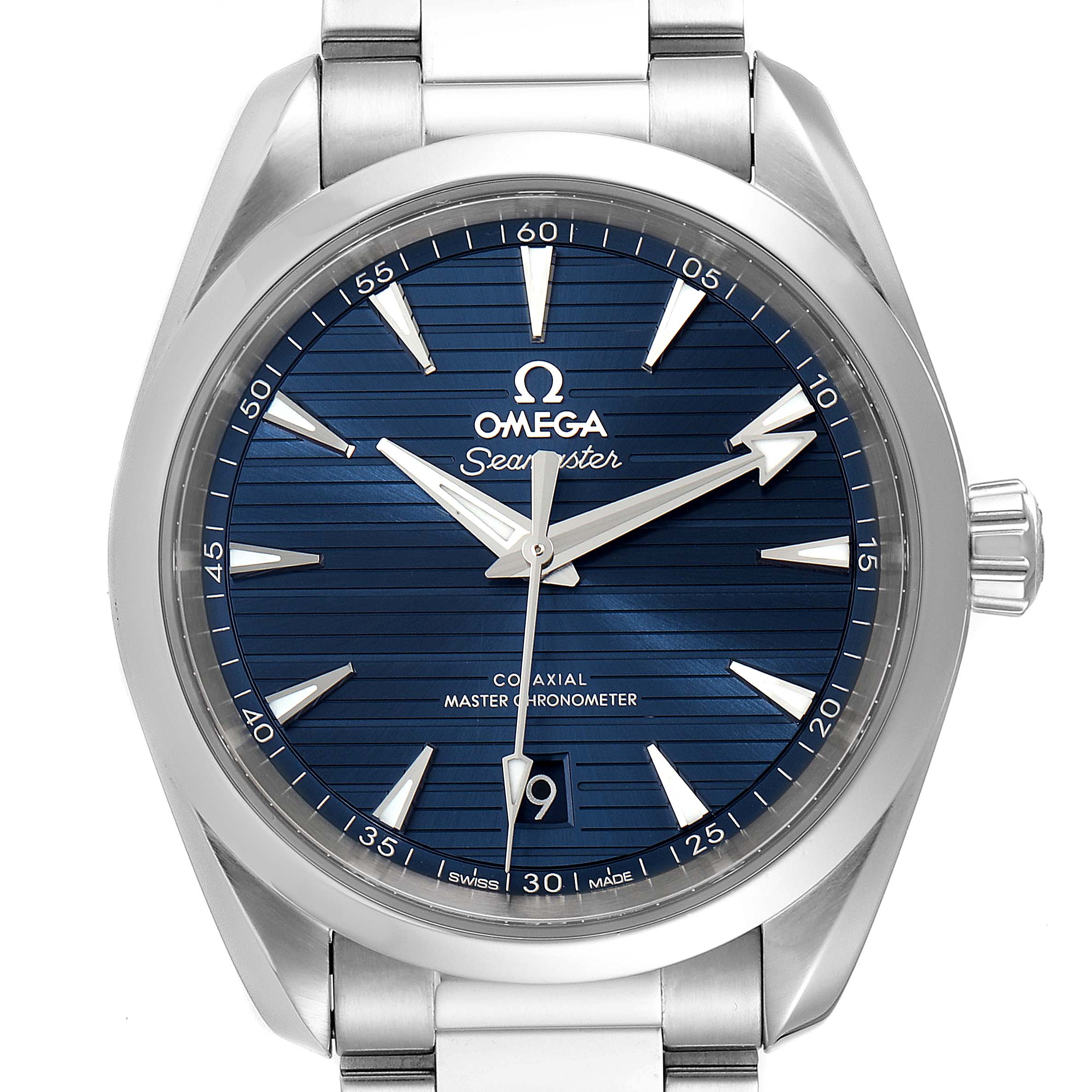 This image shows a close-up, front view of the Omega Aqua Terra 220.10.38.20.03.001 Men's Stainless Steel Blue Dial 220.10.38.20.03.001 Men's Stainless Steel Blue Dial watch, highlighting the blue dial, hands, and date window.