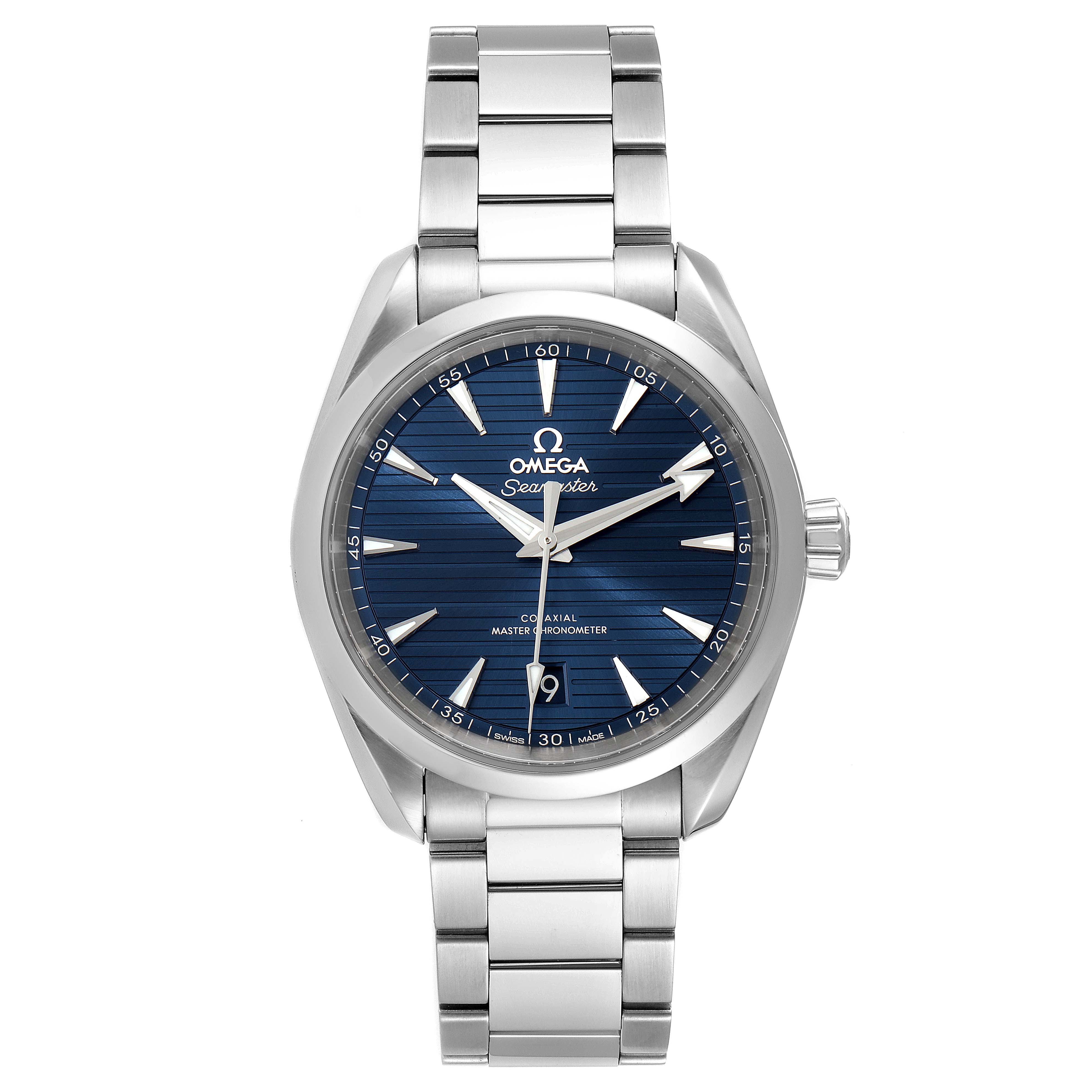 The Omega Aqua Terra 220.10.38.20.03.001 Men's Stainless Steel Blue Dial 220.10.38.20.03.001 Men's Stainless Steel Blue Dial watch is shown from a straight-on angle, displaying the blue dial, silver indices, and silver bracelet.