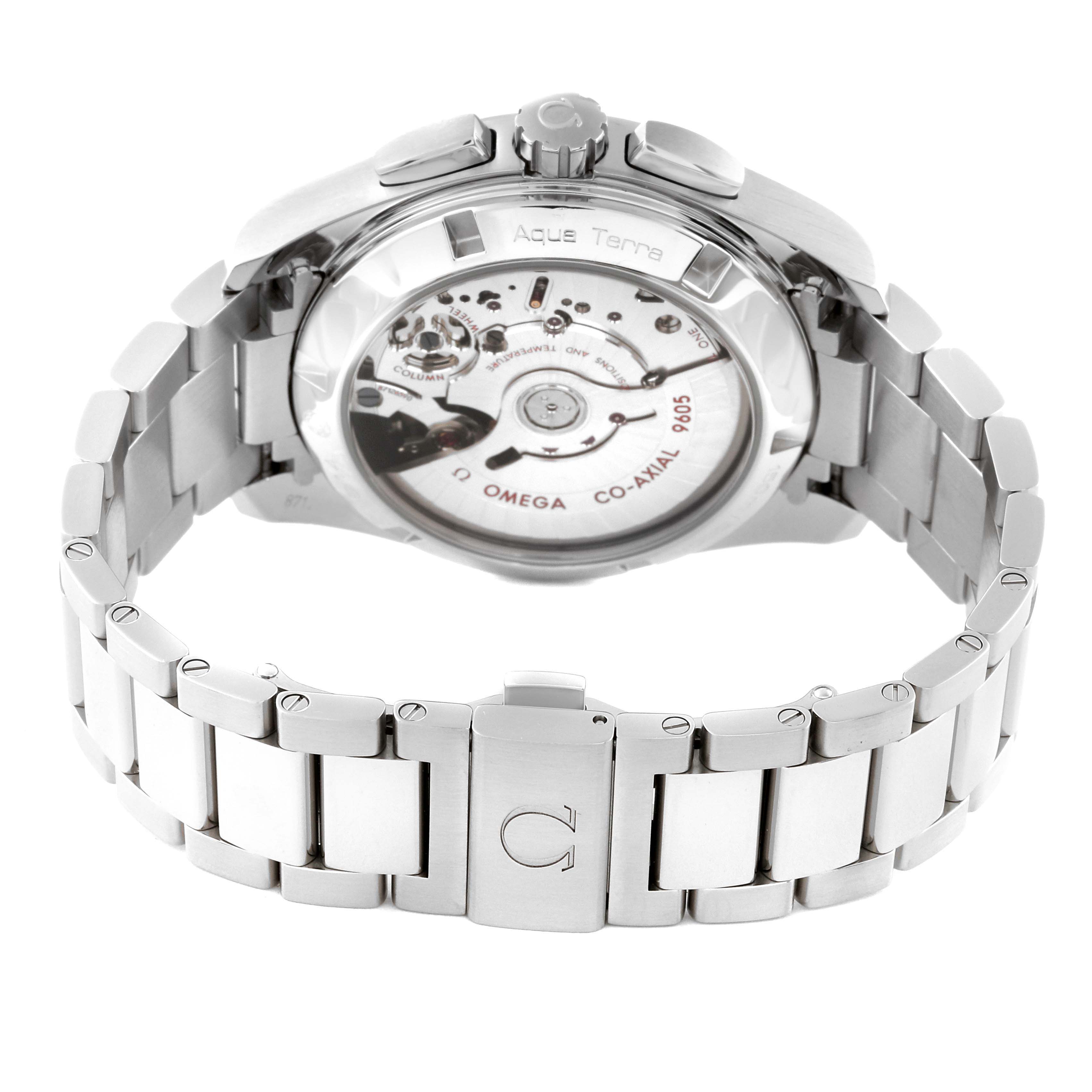 This image shows the back view of an Omega Aqua Terra 231.10.43.52.03.001 Men
s Stainless Steel Blue Dial 231.10.43.52.03.001 Men
s Stainless Steel Blue Dial watch, highlighting the bracelet and the watch
s internal mechanism.