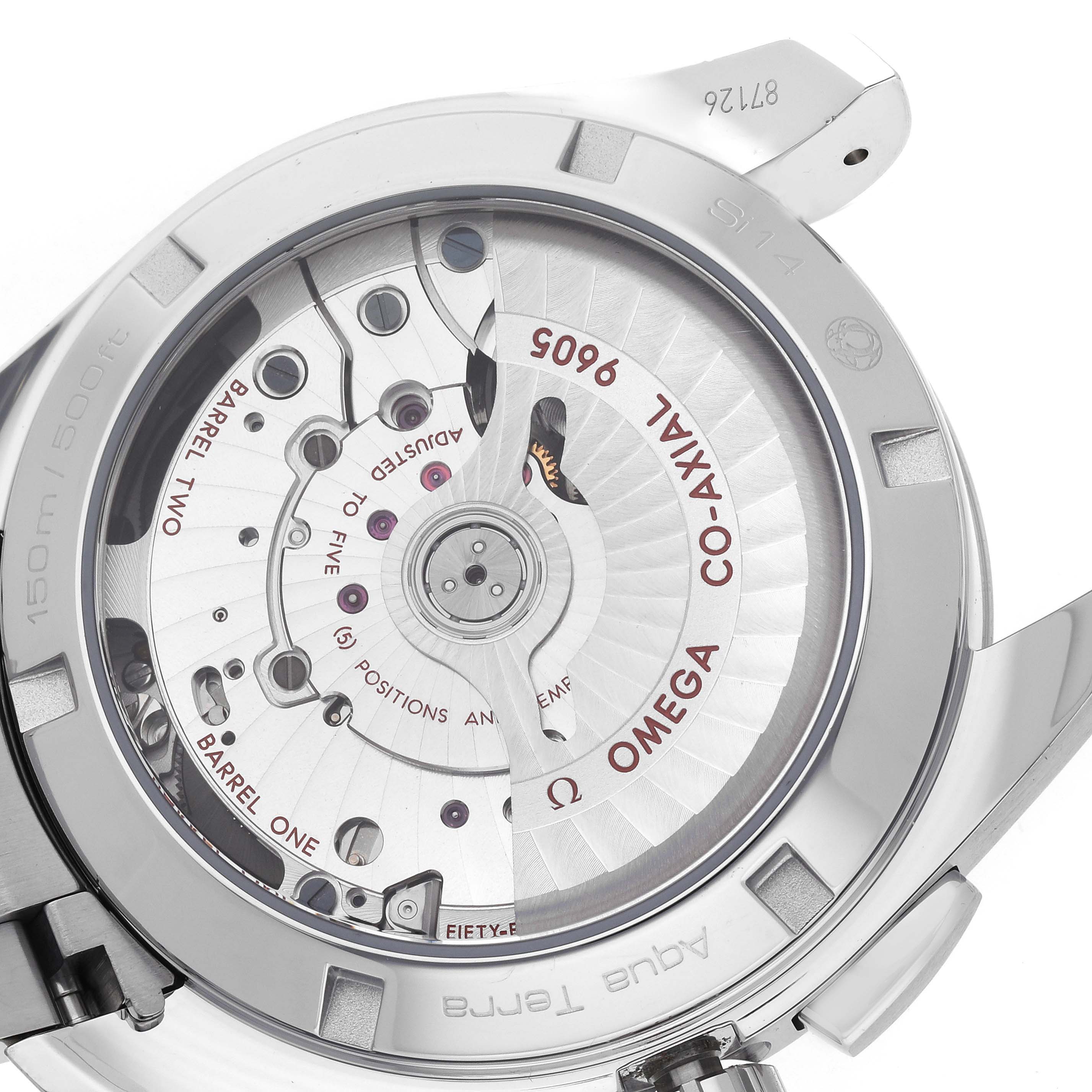 The image shows the back of the Omega Aqua Terra 231.10.43.52.03.001 Men
s Stainless Steel Blue Dial 231.10.43.52.03.001 Men
s Stainless Steel Blue Dial watch, highlighting the movement and Co-Axial mechanism.