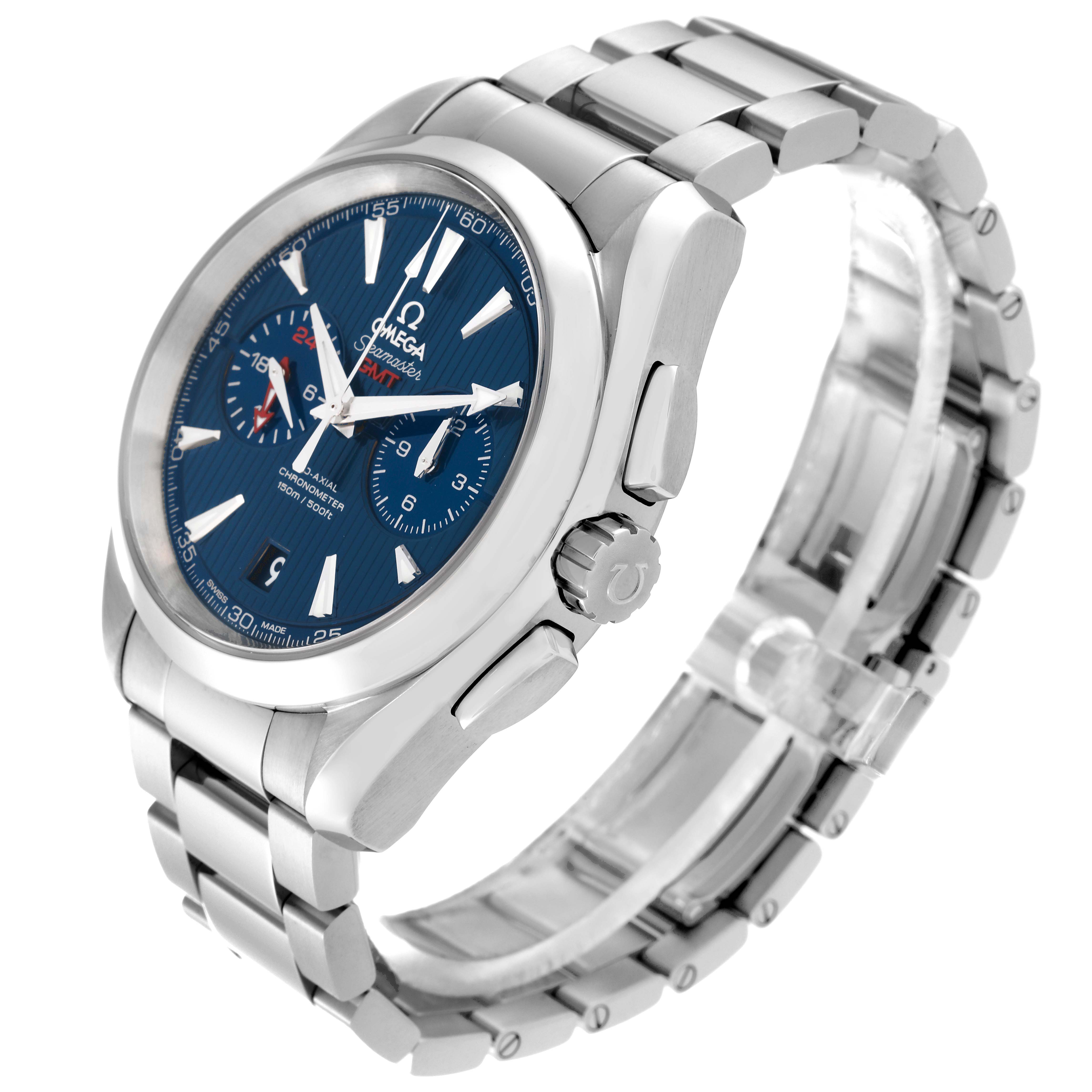 The image shows a side angle of the Omega Aqua Terra 231.10.43.52.03.001 Men
s Stainless Steel Blue Dial 231.10.43.52.03.001 Men
s Stainless Steel Blue Dial watch, displaying the crown, bezel, and stainless steel bracelet.