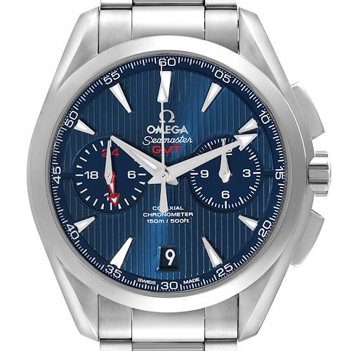 The Omega Aqua Terra watch is shown from the front, displaying its blue dial, chronometer functions, and stainless steel bracelet.