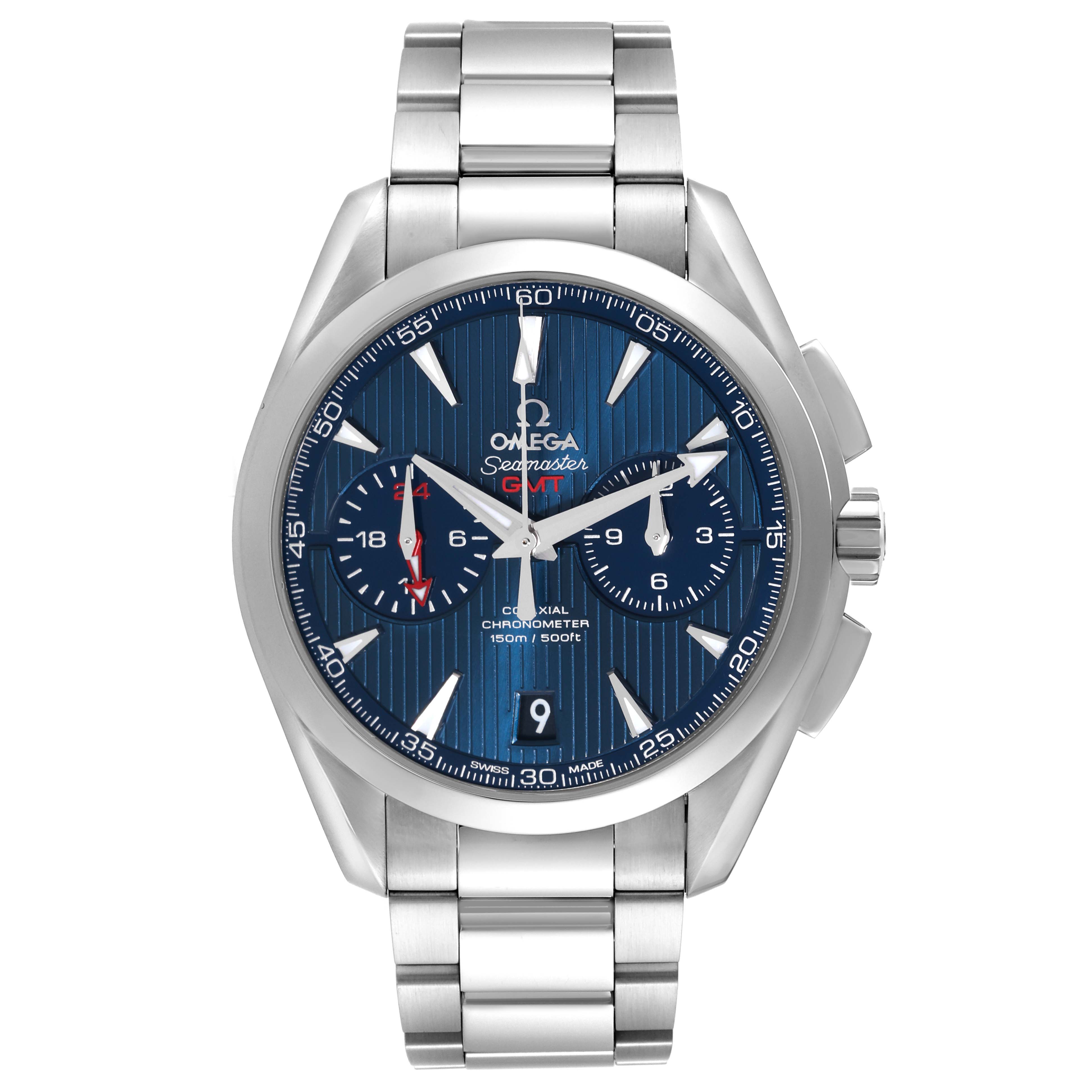 The image shows a front view of the Omega Aqua Terra 231.10.43.52.03.001 Men
s Stainless Steel Blue Dial 231.10.43.52.03.001 Men
s Stainless Steel Blue Dial Co-Axial Chronometer watch, displaying its blue dial, hands, indices, and metal bracelet.
