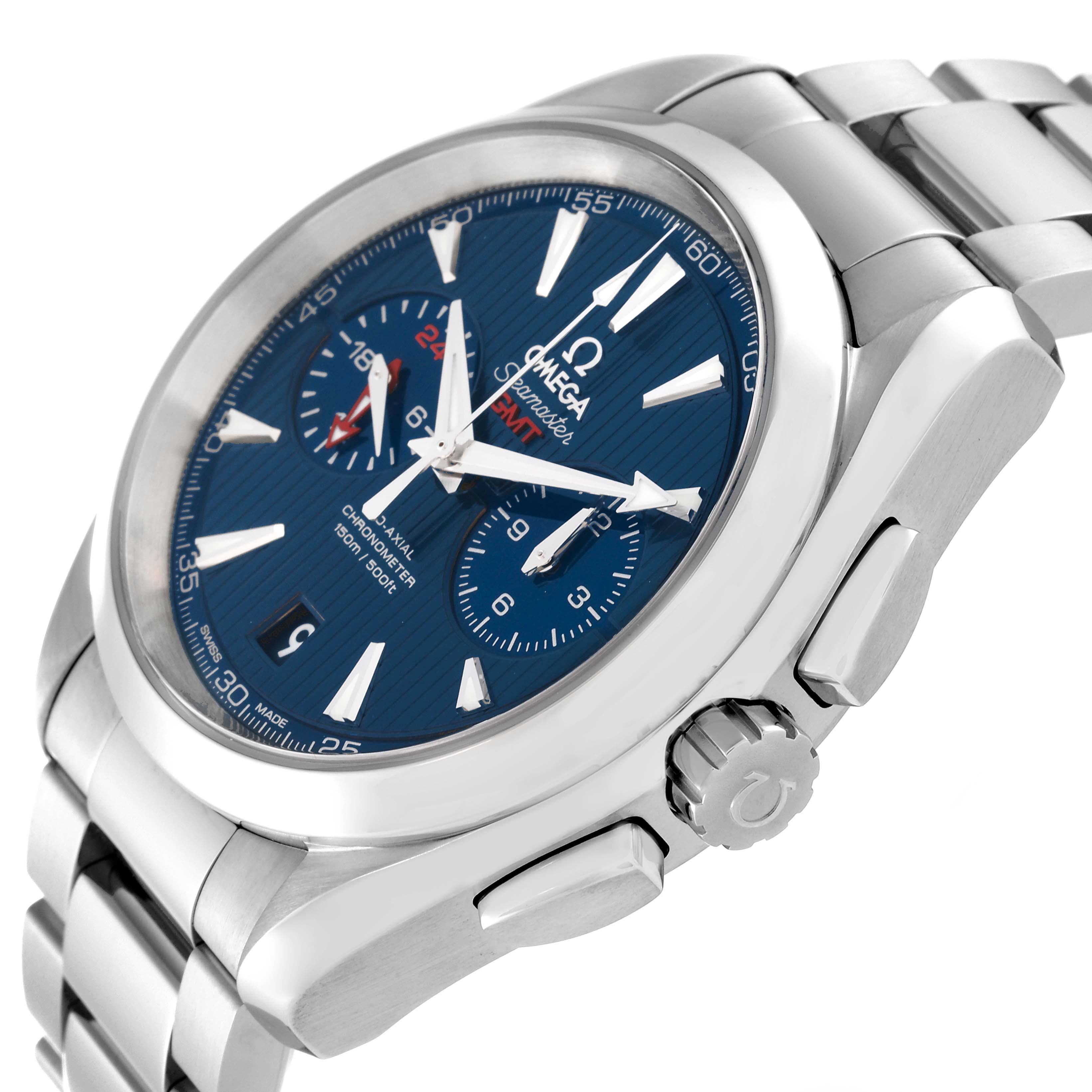 The image shows a side angle of the Omega Aqua Terra 231.10.43.52.03.001 Men
s Stainless Steel Blue Dial 231.10.43.52.03.001 Men
s Stainless Steel Blue Dial watch, highlighting its crown, pushers, and blue dial with subdials.