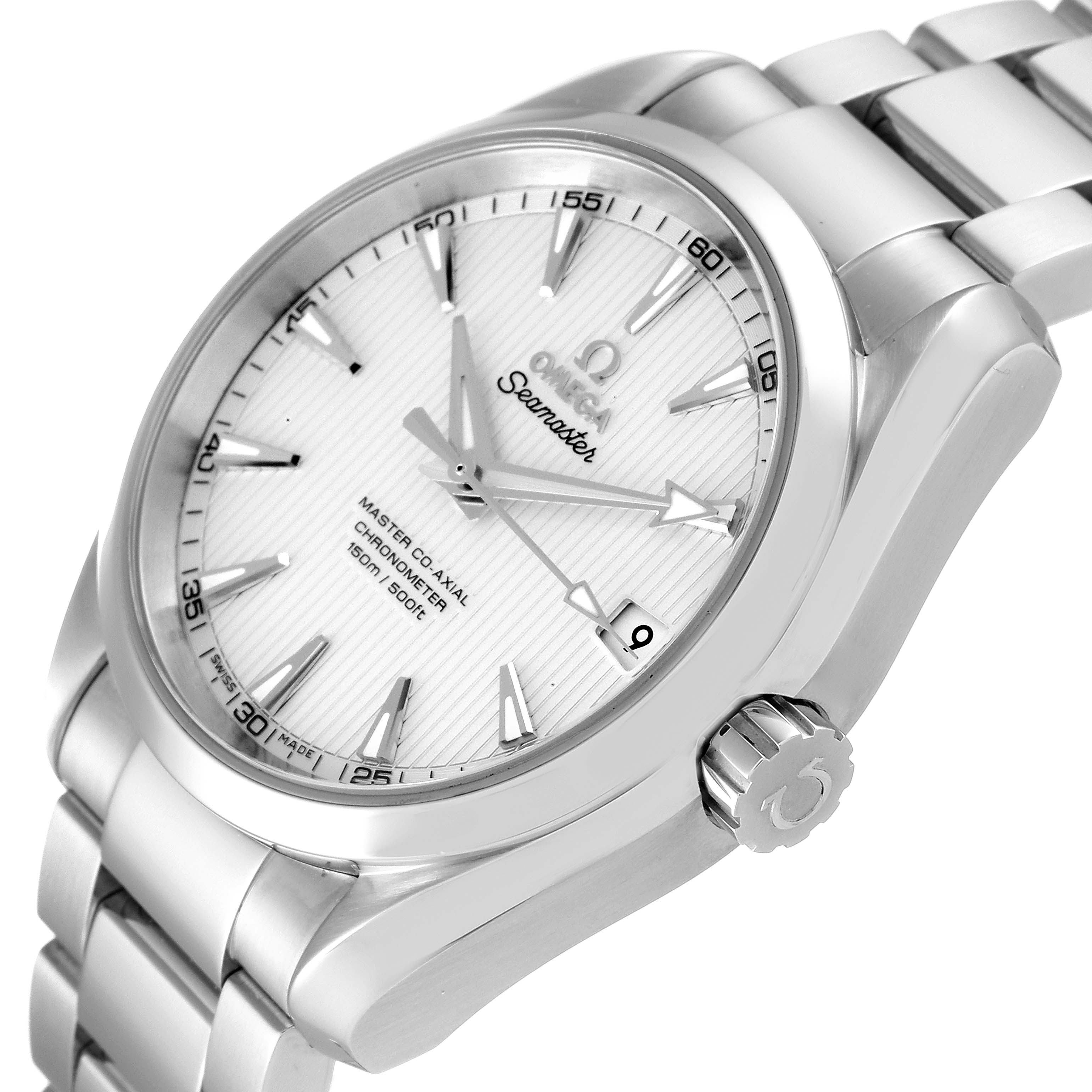 The image shows the face, bezel, crown, and part of the bracelet of the Omega Aqua Terra 231.10.39.21.02.002 Men
s Stainless Steel Silver Dial 231.10.39.21.02.002 Men
s Stainless Steel Silver Dial model watch at a slight angle.