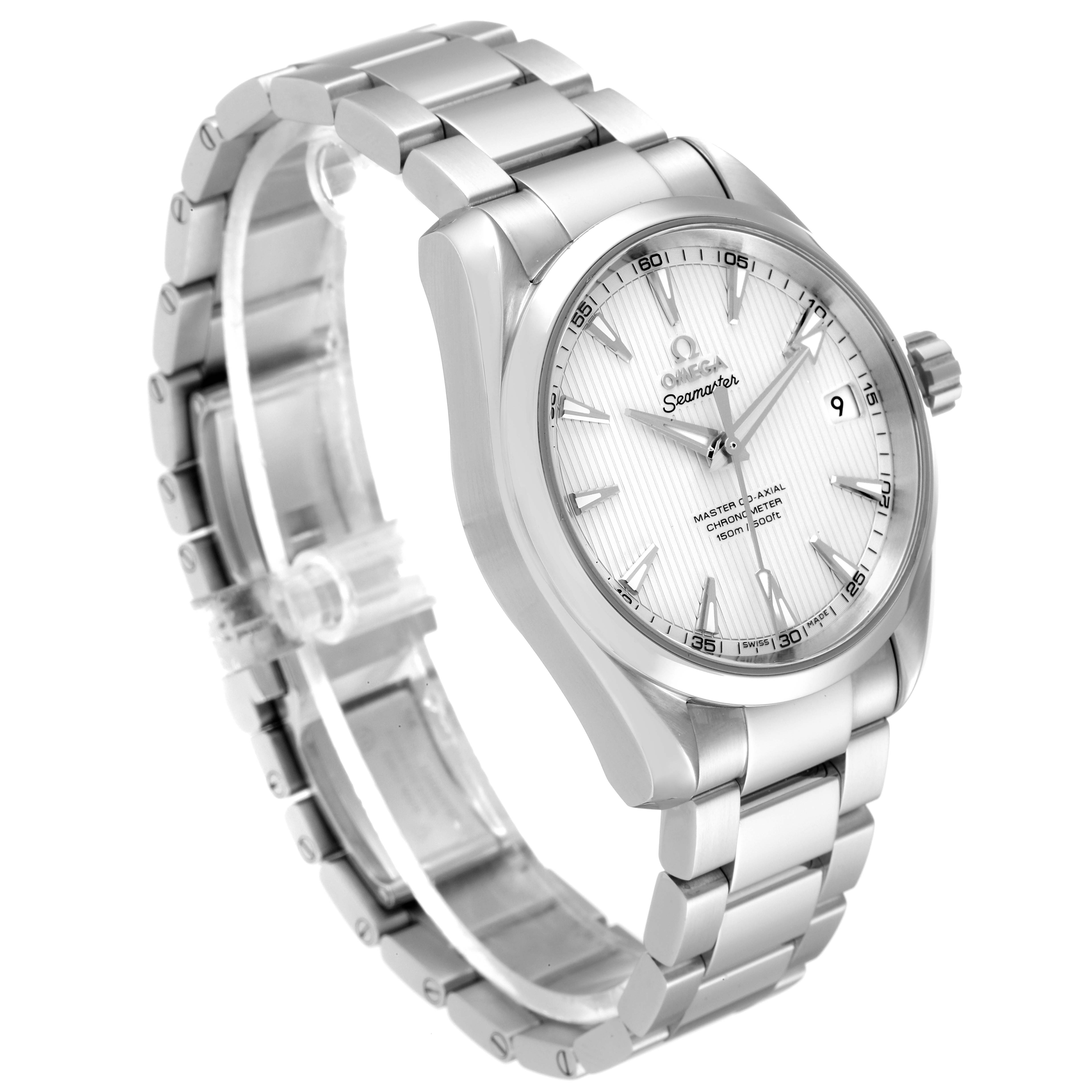 The Omega Aqua Terra 231.10.39.21.02.002 Men
s Stainless Steel Silver Dial 231.10.39.21.02.002 Men
s Stainless Steel Silver Dial watch is shown at an angle highlighting the face, bezel, and metal bracelet.