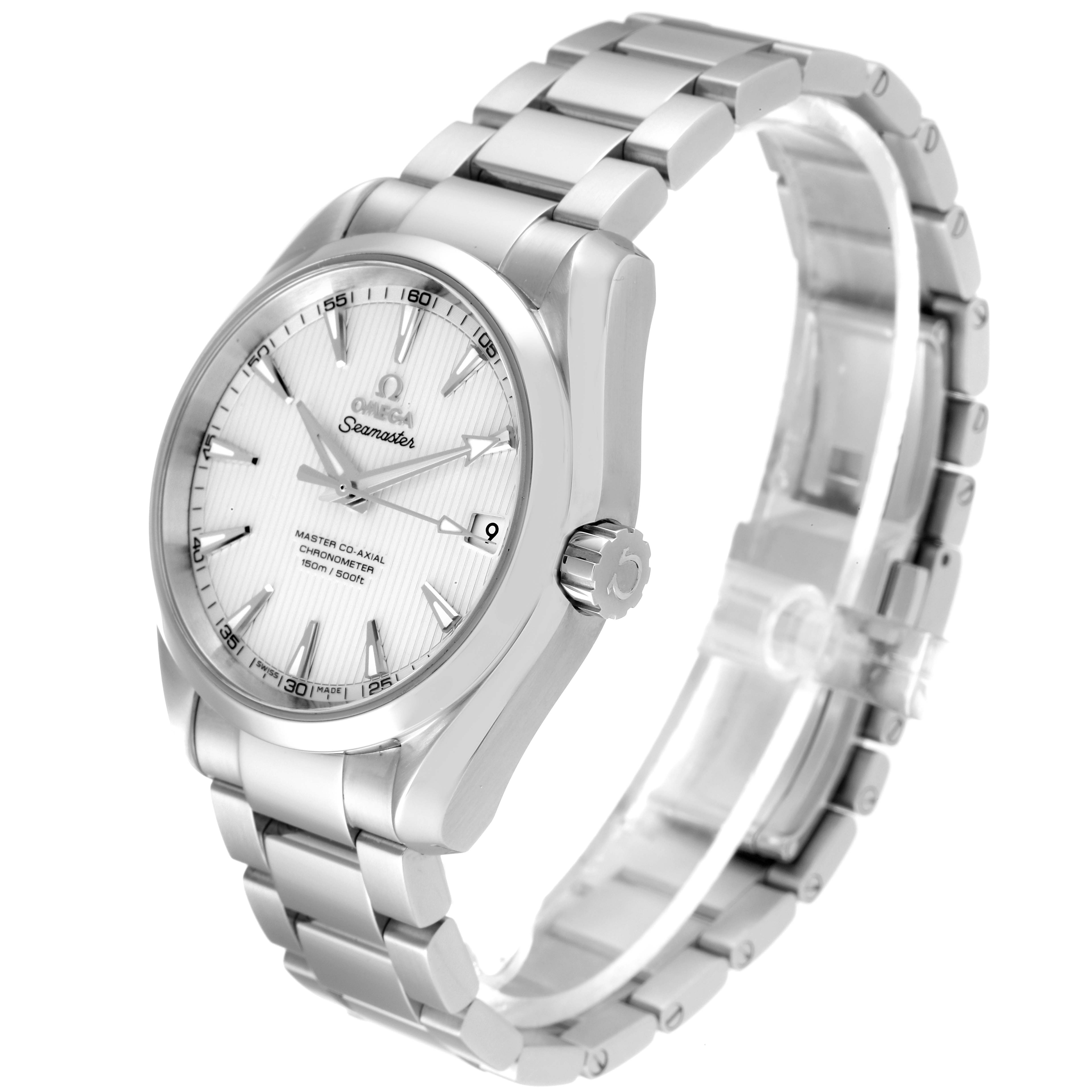 The image shows an angled view of the Omega Aqua Terra 231.10.39.21.02.002 Men
s Stainless Steel Silver Dial 231.10.39.21.02.002 Men
s Stainless Steel Silver Dial watch, highlighting the face, crown, and stainless steel bracelet.