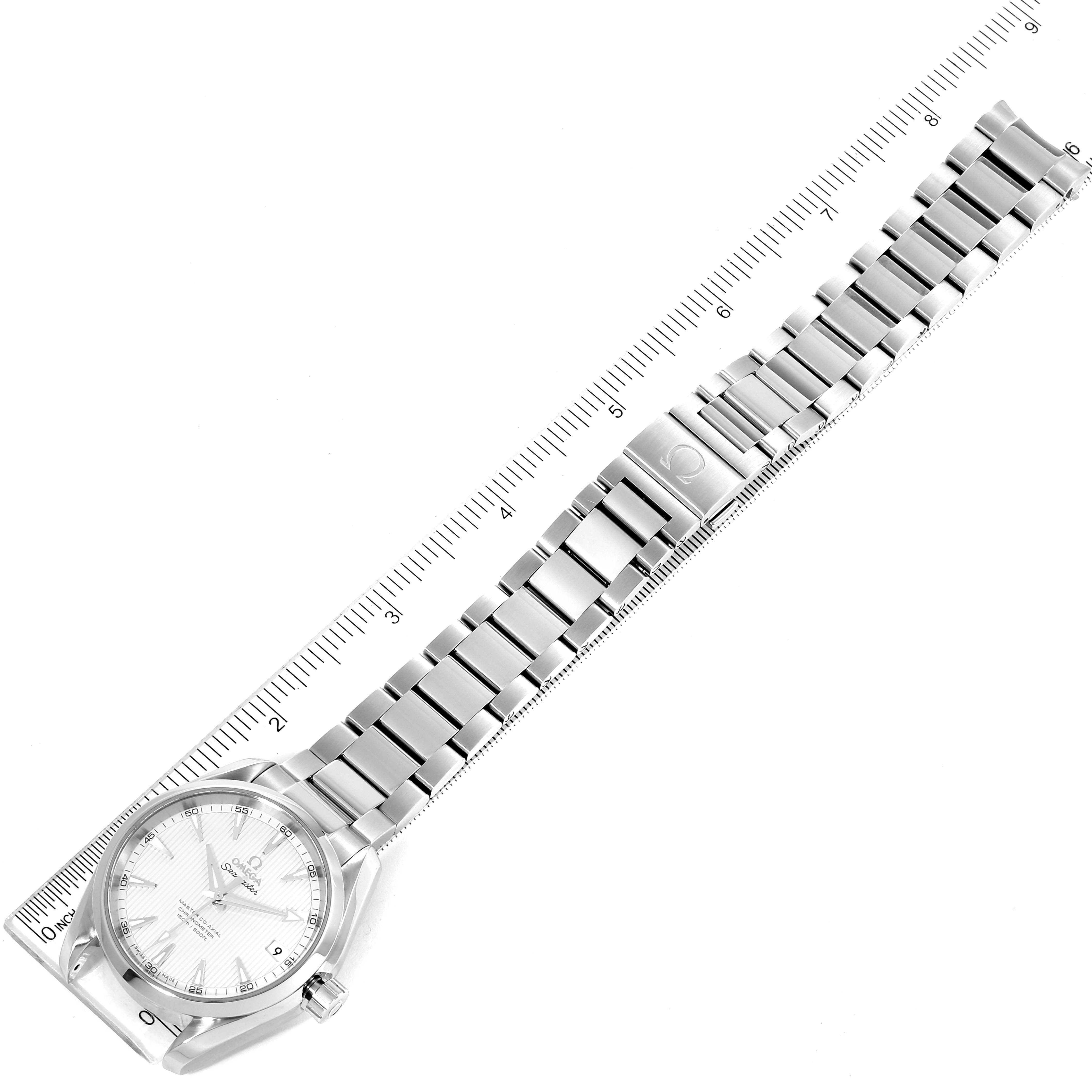 The image shows an Omega Aqua Terra 231.10.39.21.02.002 Men
s Stainless Steel Silver Dial 231.10.39.21.02.002 Men
s Stainless Steel Silver Dial watch laid flat, displaying its full face, bezel, crown, and bracelet against a ruler for scale.