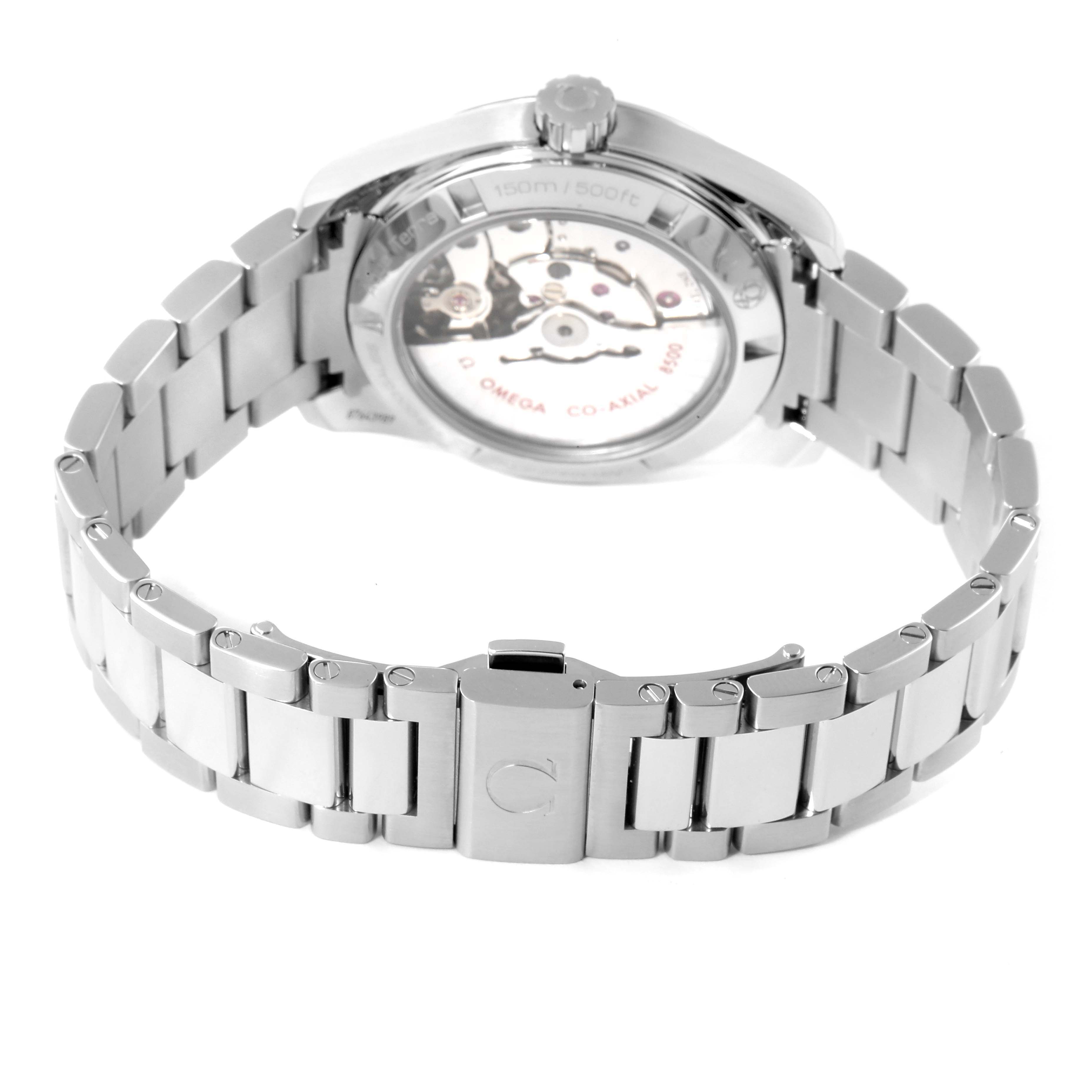 The image shows the back and bracelet of the Omega Aqua Terra 231.10.39.21.02.002 Men
s Stainless Steel Silver Dial 231.10.39.21.02.002 Men
s Stainless Steel Silver Dial watch, highlighting its open case back and metallic strap.