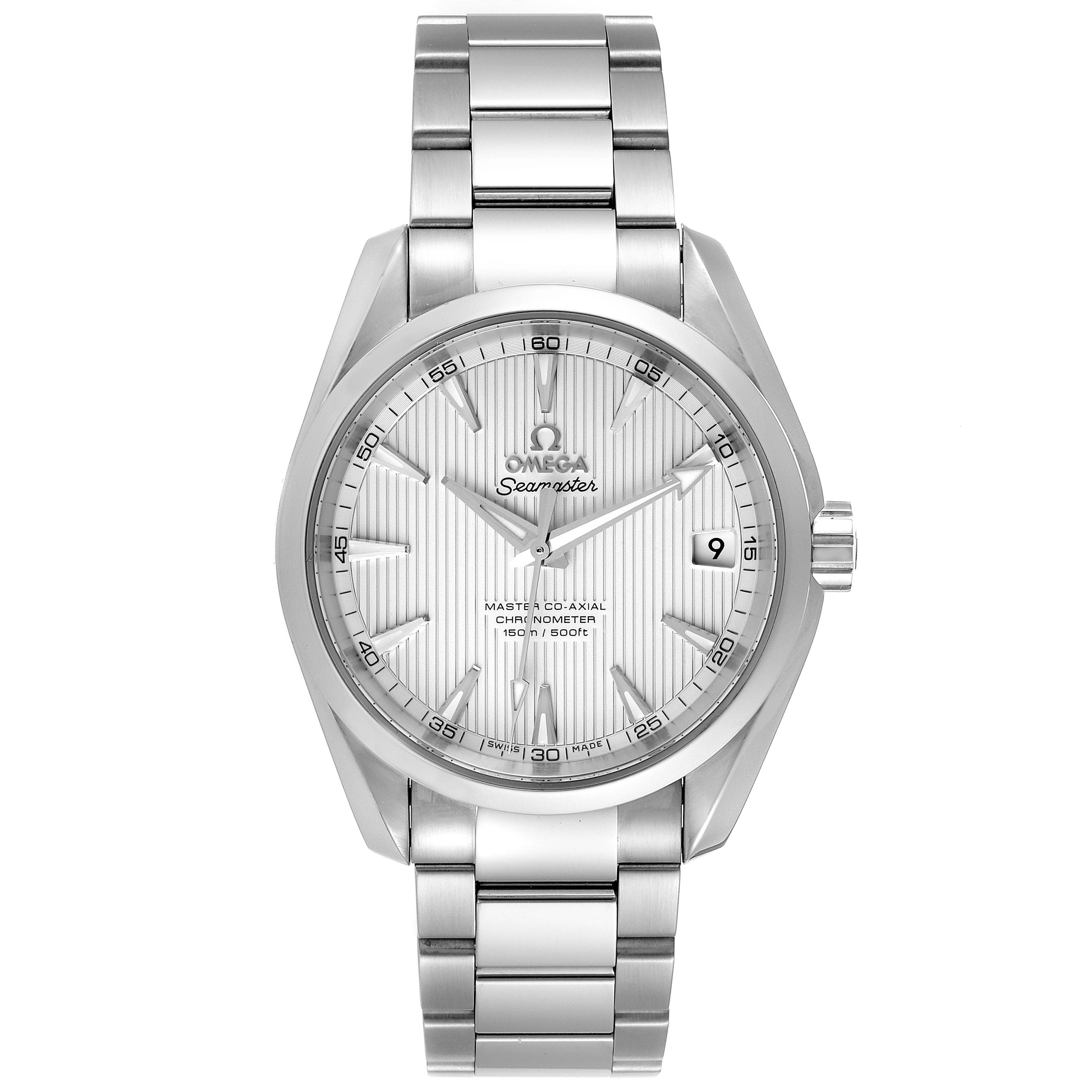 The image shows a front view of the Omega Aqua Terra 231.10.39.21.02.002 Men
s Stainless Steel Silver Dial 231.10.39.21.02.002 Men
s Stainless Steel Silver Dial watch, displaying the dial, bracelet, and date window at 3 o
clock.
