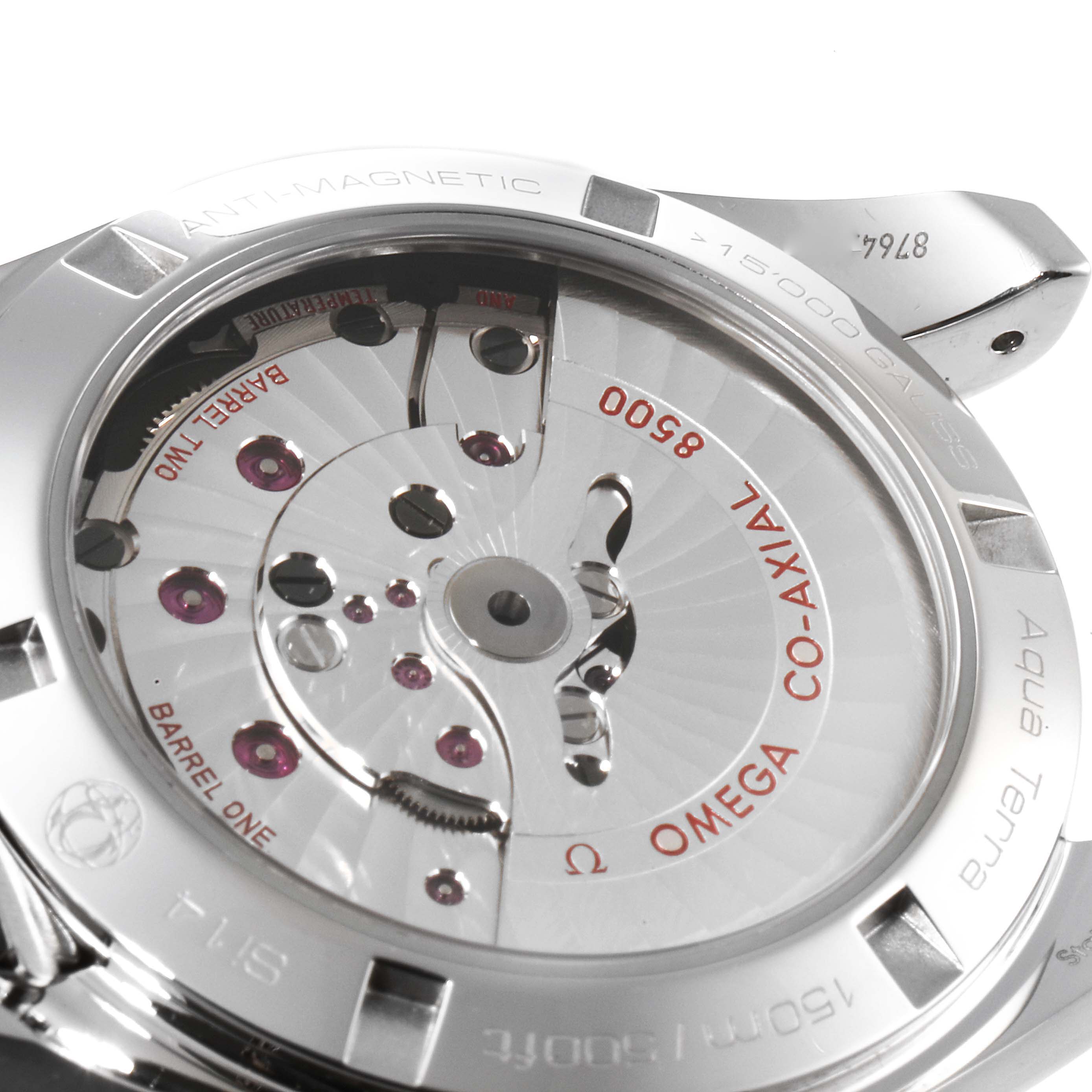 The image shows the back view of the Omega Aqua Terra 231.10.39.21.02.002 Men
s Stainless Steel Silver Dial 231.10.39.21.02.002 Men
s Stainless Steel Silver Dial watch, highlighting the Co-Axial 8500 movement and anti-magnetic features.