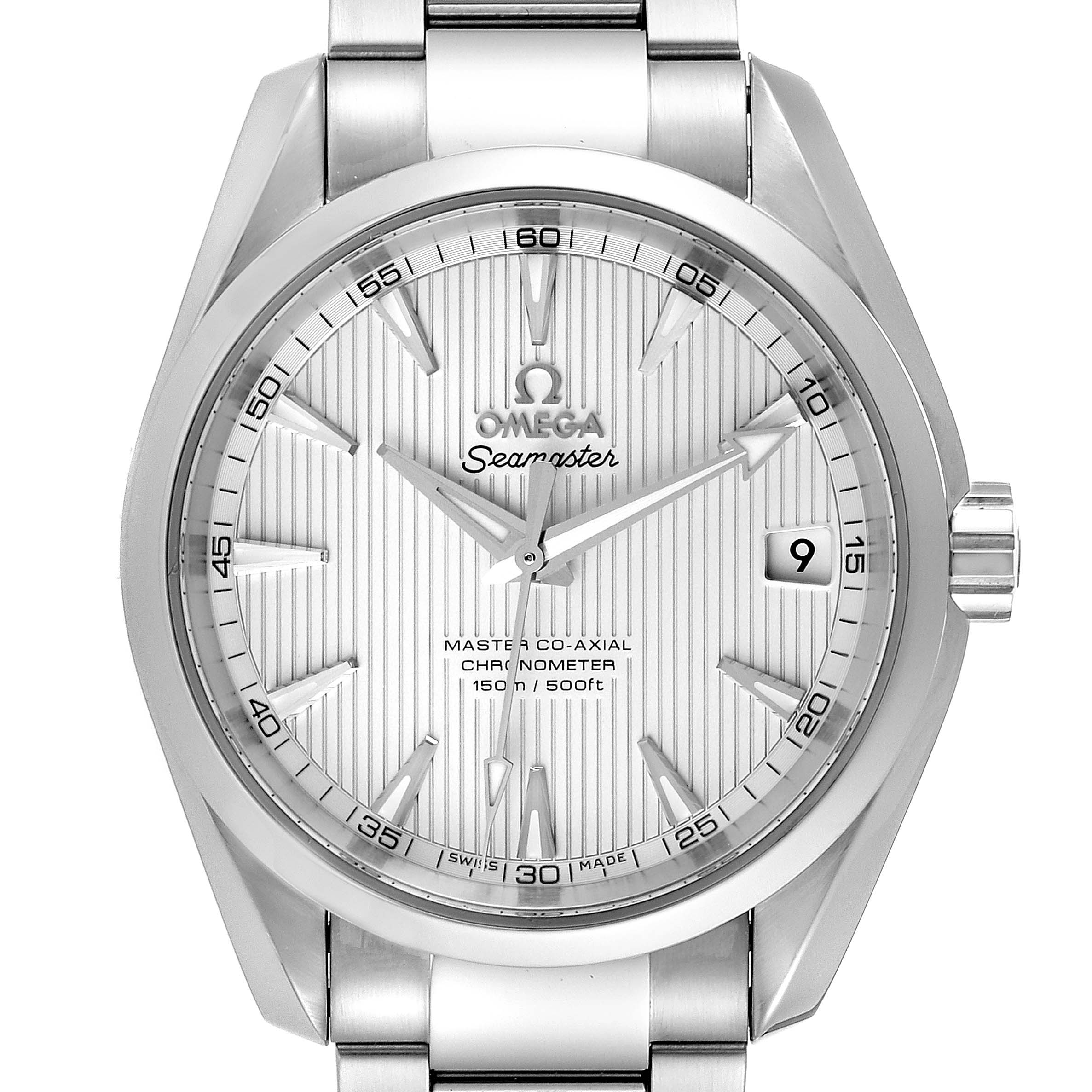 The Omega Aqua Terra 231.10.39.21.02.002 Men
s Stainless Steel Silver Dial 231.10.39.21.02.002 Men
s Stainless Steel Silver Dial watch is shown from the front, displaying its dial, markers, date window, and part of the metal bracelet.