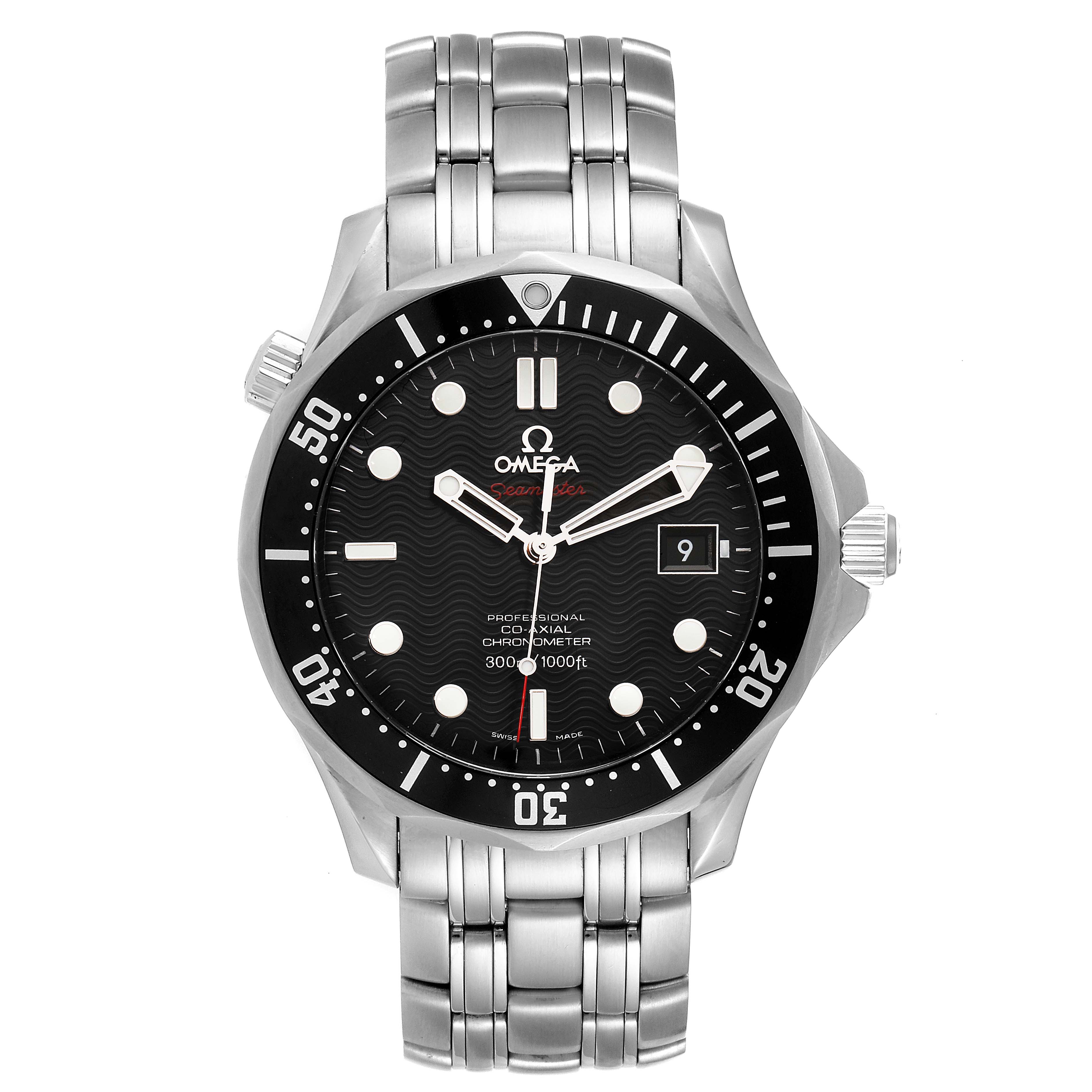 The image shows a front view of an Omega Seamaster 212.30.41.20.01.002 Men's Stainless Steel Black Dial 212.30.41.20.01.002 Men's Stainless Steel Black Dial watch, highlighting its face, bezel, and metal bracelet.