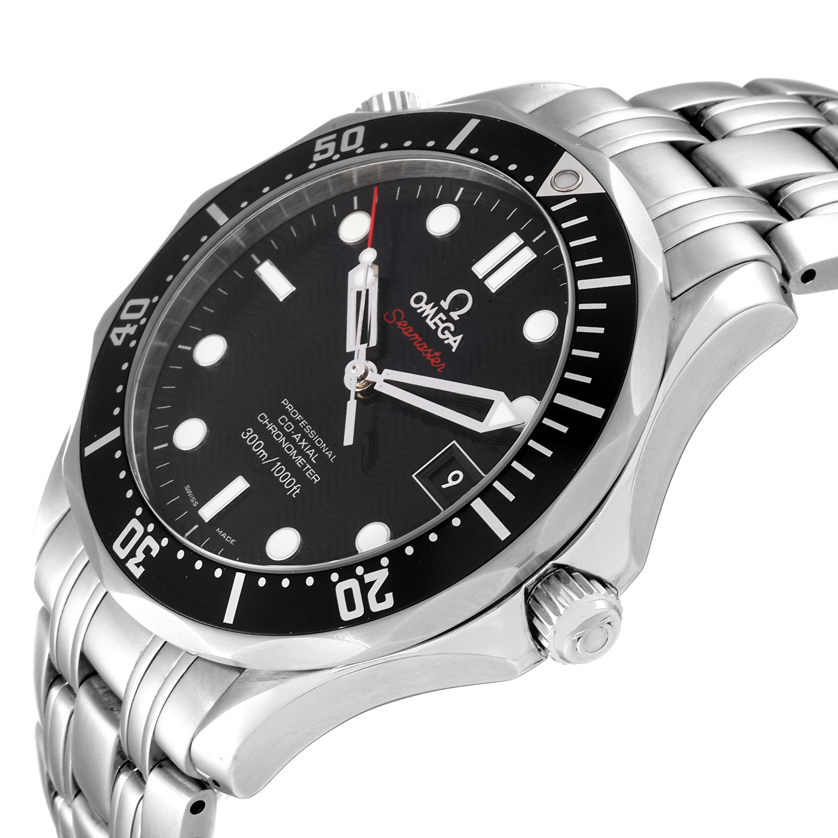 The Omega Seamaster 212.30.41.20.01.002 Men's Stainless Steel Black Dial 212.30.41.20.01.002 Men's Stainless Steel Black Dial watch is shown at an angle highlighting the face, bezel, and stainless steel bracelet.