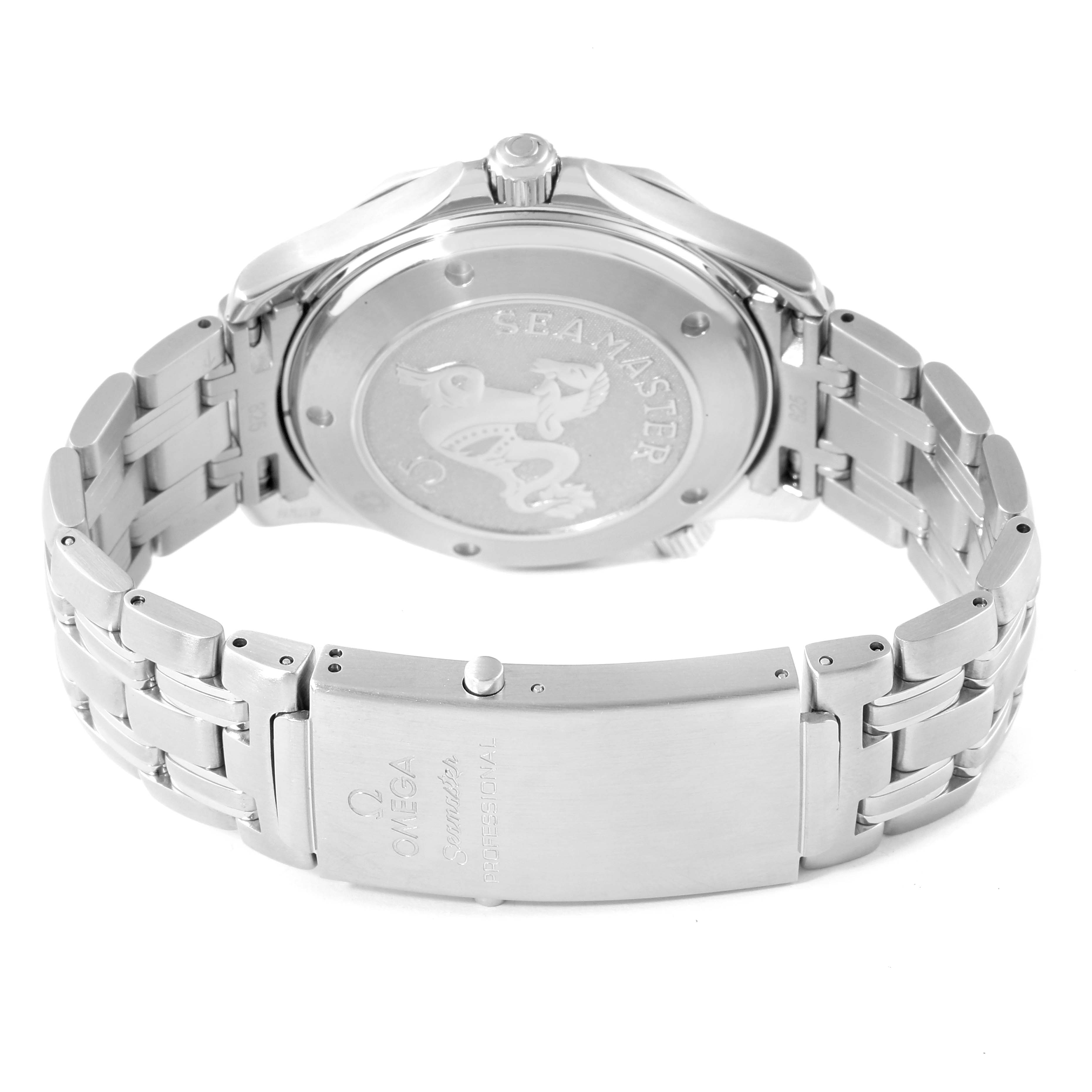 The image shows the back case and clasp of an Omega Seamaster 212.30.41.20.01.002 Men's Stainless Steel Black Dial 212.30.41.20.01.002 Men's Stainless Steel Black Dial watch, focusing on the bracelet and engraved details.