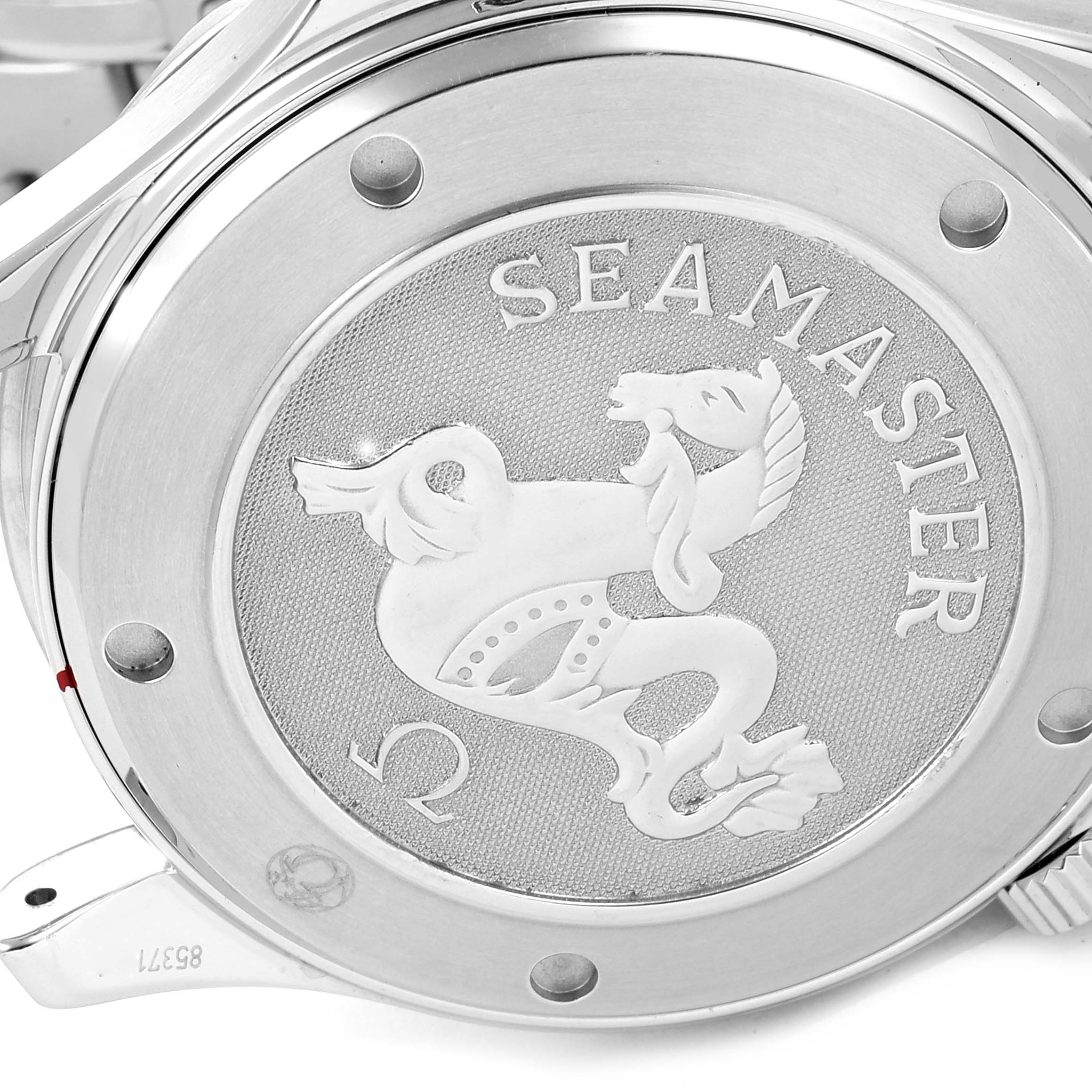 This image shows the case back of an Omega Seamaster 212.30.41.20.01.002 Men's Stainless Steel Black Dial 212.30.41.20.01.002 Men's Stainless Steel Black Dial watch, featuring the engraved Seamaster logo.