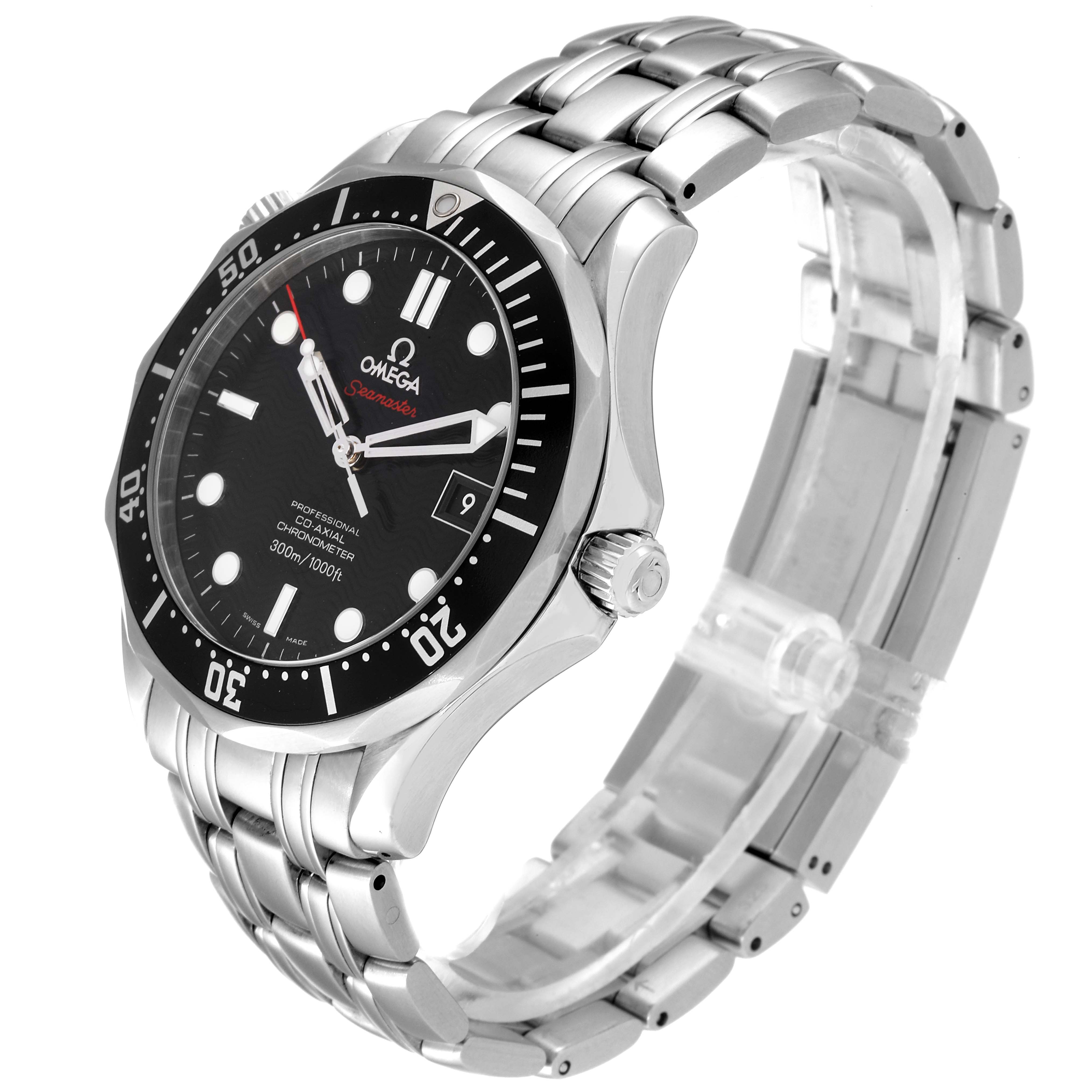 This image shows an Omega Seamaster 212.30.41.20.01.002 Men's Stainless Steel Black Dial 212.30.41.20.01.002 Men's Stainless Steel Black Dial watch at a front-left angle, highlighting the dial, bezel, crown, and bracelet.