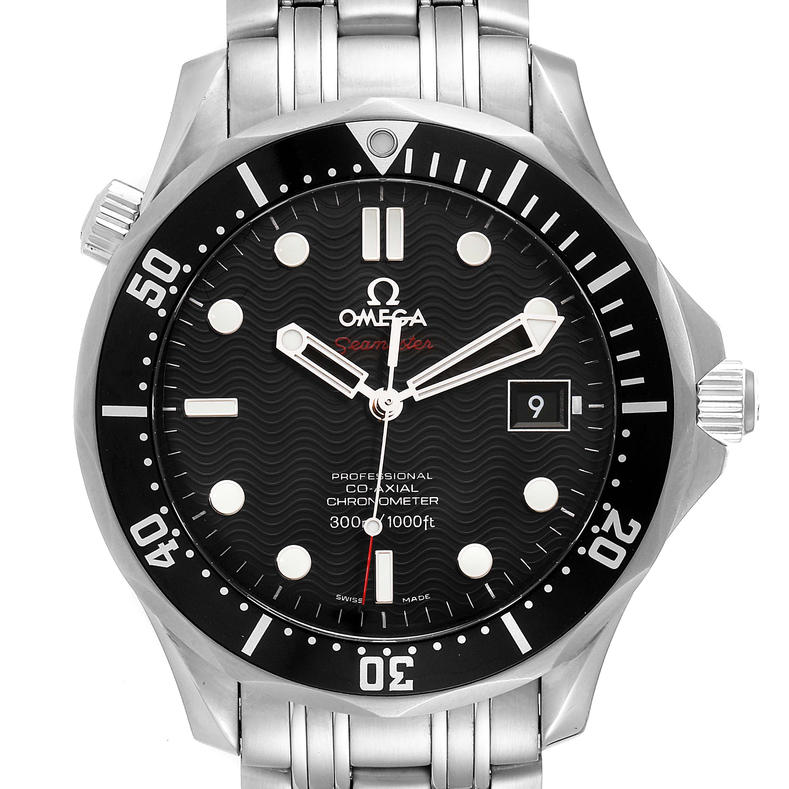 The image shows the front view of the Omega Seamaster 212.30.41.20.01.002 Men's Stainless Steel Black Dial 212.30.41.20.01.002 Men's Stainless Steel Black Dial watch, highlighting the dial, bezel, and stainless steel bracelet.