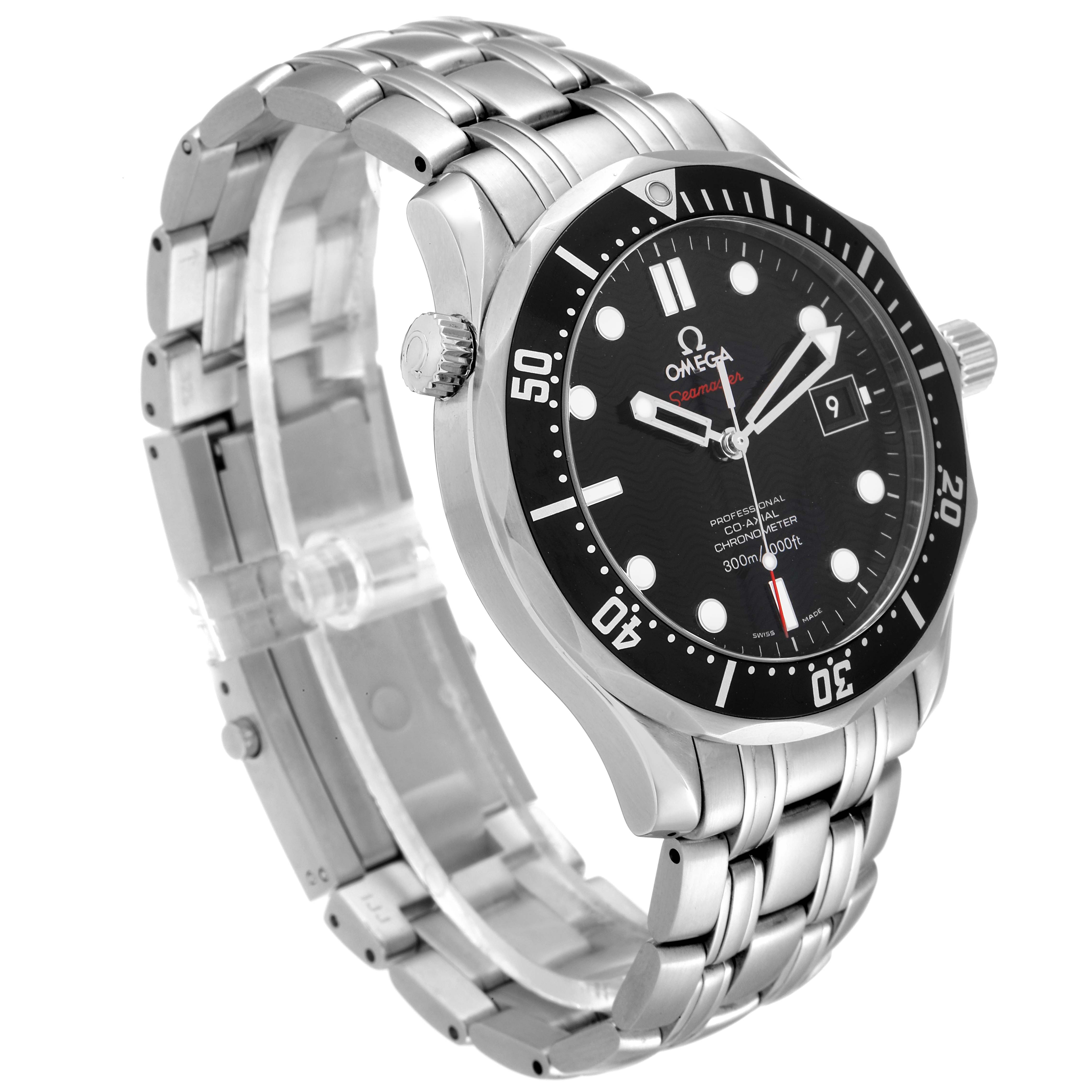 The Omega Seamaster 212.30.41.20.01.002 Men's Stainless Steel Black Dial 212.30.41.20.01.002 Men's Stainless Steel Black Dial watch is shown at an angle highlighting the face, bezel, crown, and stainless steel bracelet.