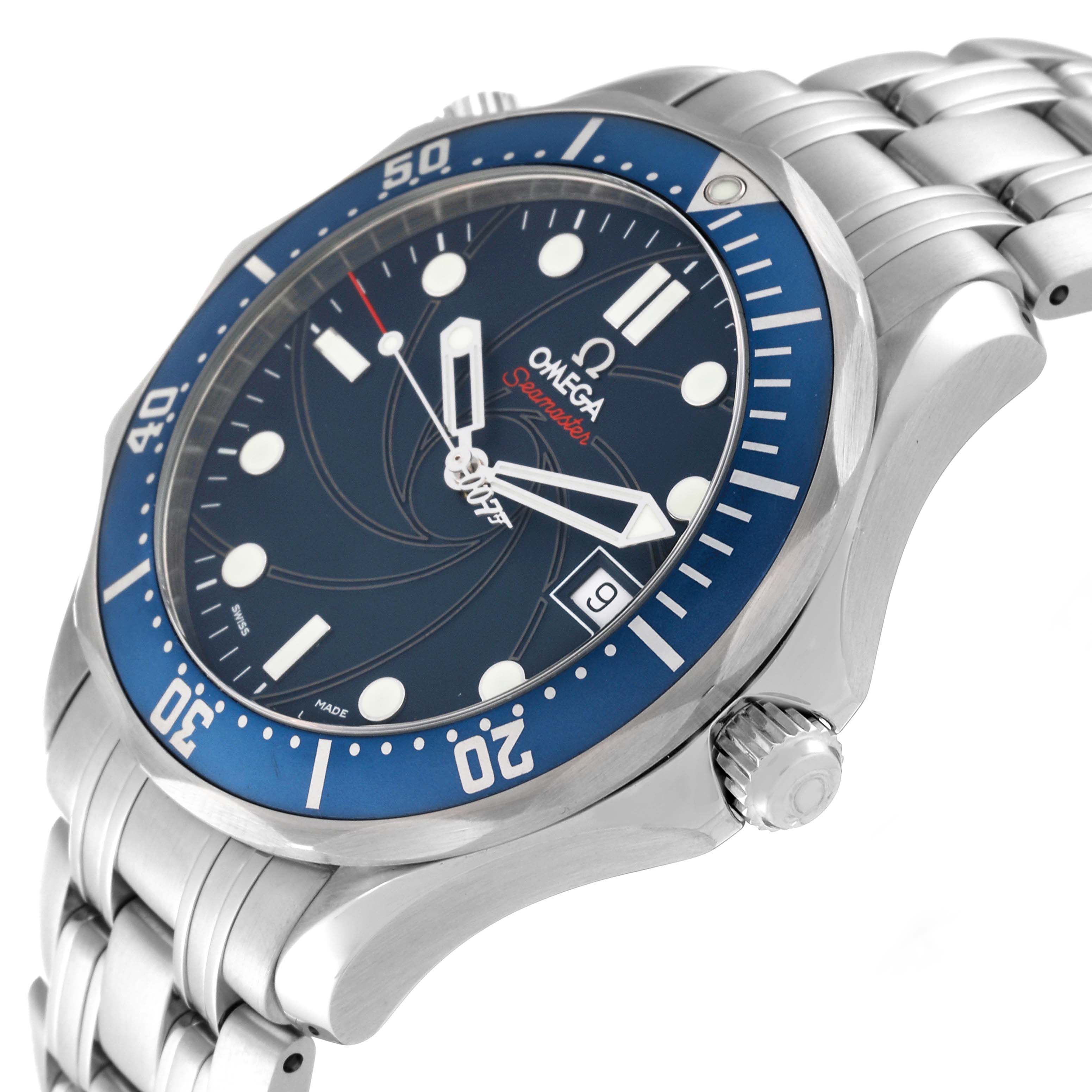 The Omega Seamaster 2226.80.00 Men
s Stainless Steel Blue Dial 2226.80.00 Men
s Stainless Steel Blue Dial watch is shown at an angle highlighting the blue bezel, dial, crown, and stainless steel bracelet.