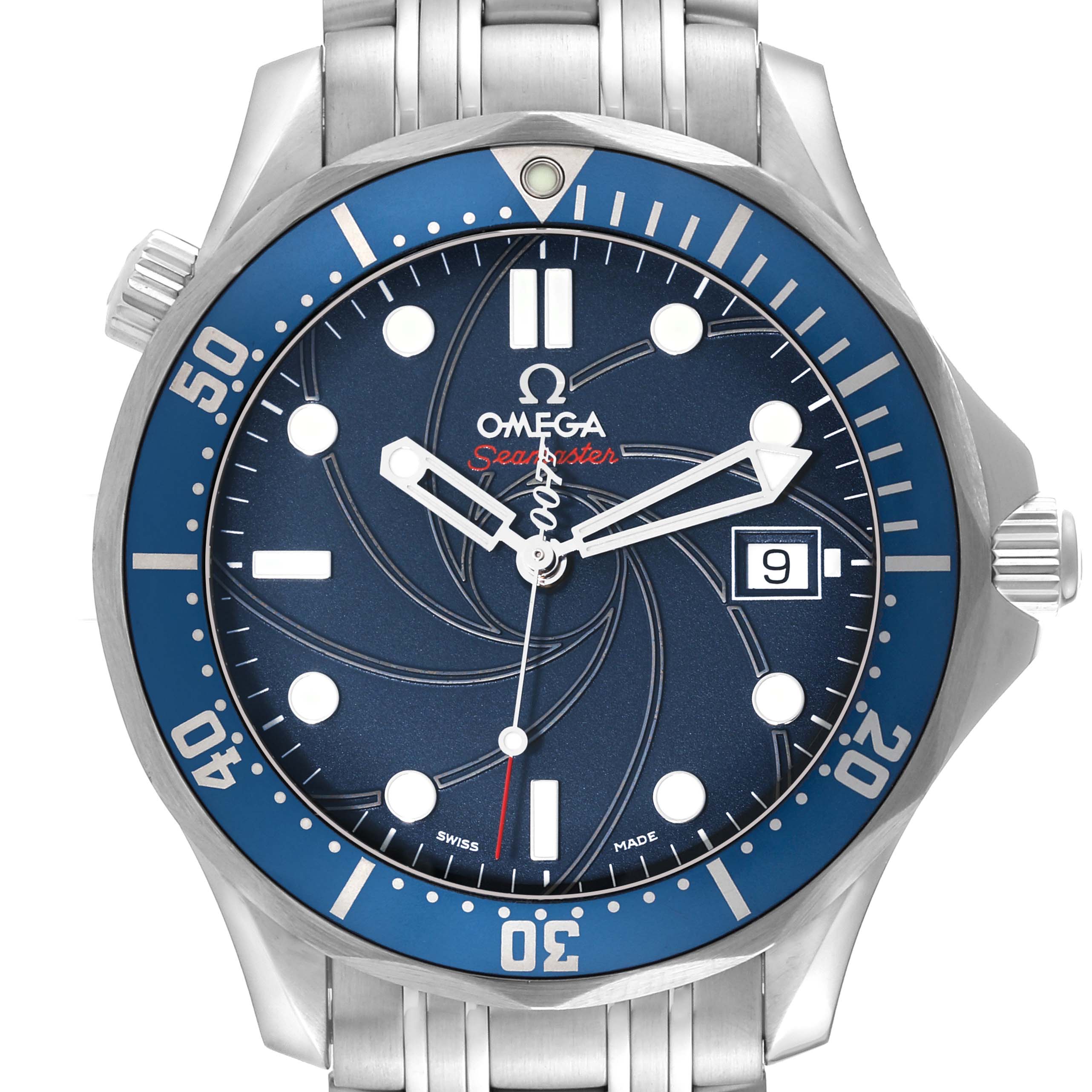 The Omega Seamaster 2226.80.00 Men
s Stainless Steel Blue Dial 2226.80.00 Men
s Stainless Steel Blue Dial watch is shown from a frontal angle, highlighting the dial, bezel, and crown.