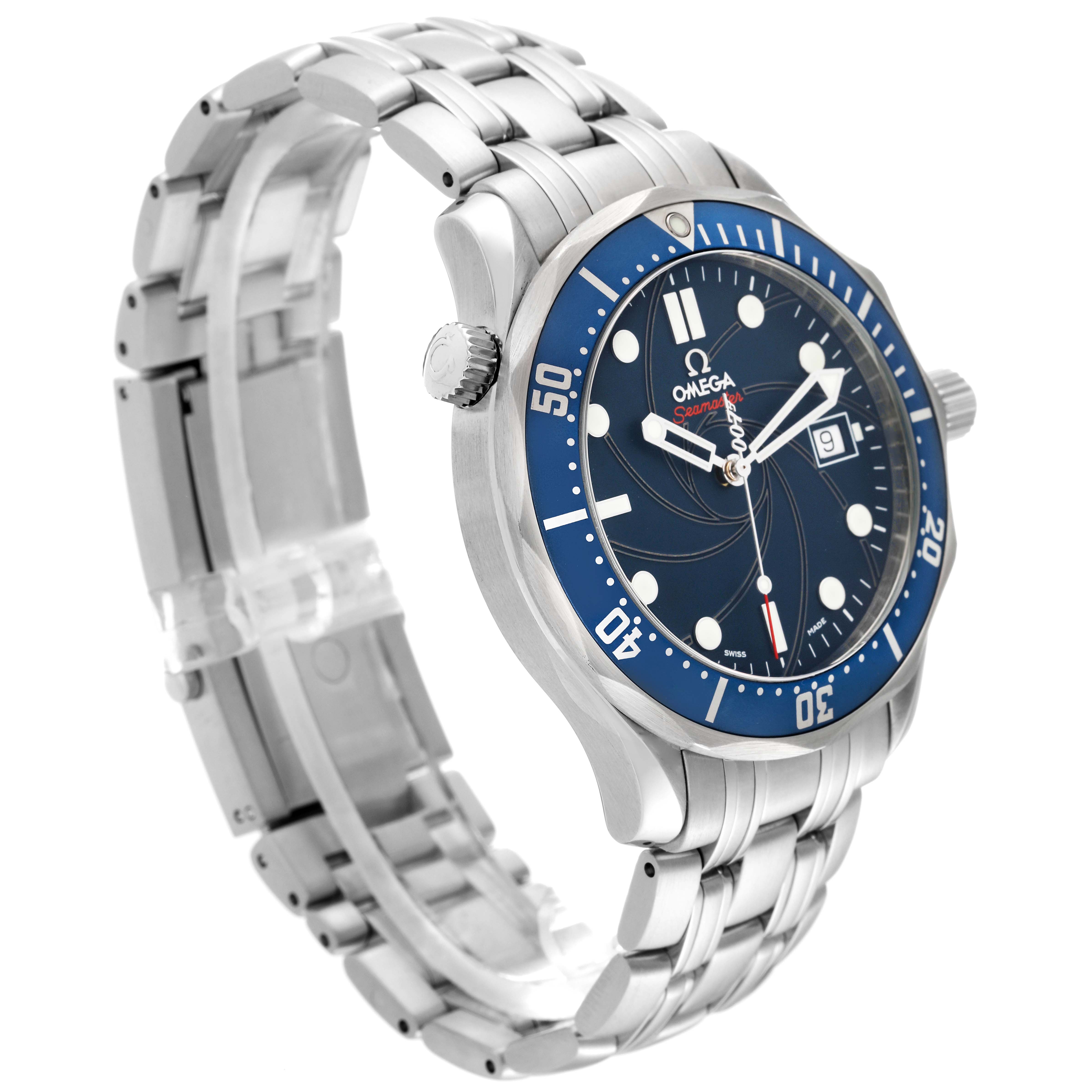 The image shows a side angle of the Omega Seamaster 2226.80.00 Men
s Stainless Steel Blue Dial 2226.80.00 Men
s Stainless Steel Blue Dial watch, highlighting its bracelet, bezel, crown, and dial.