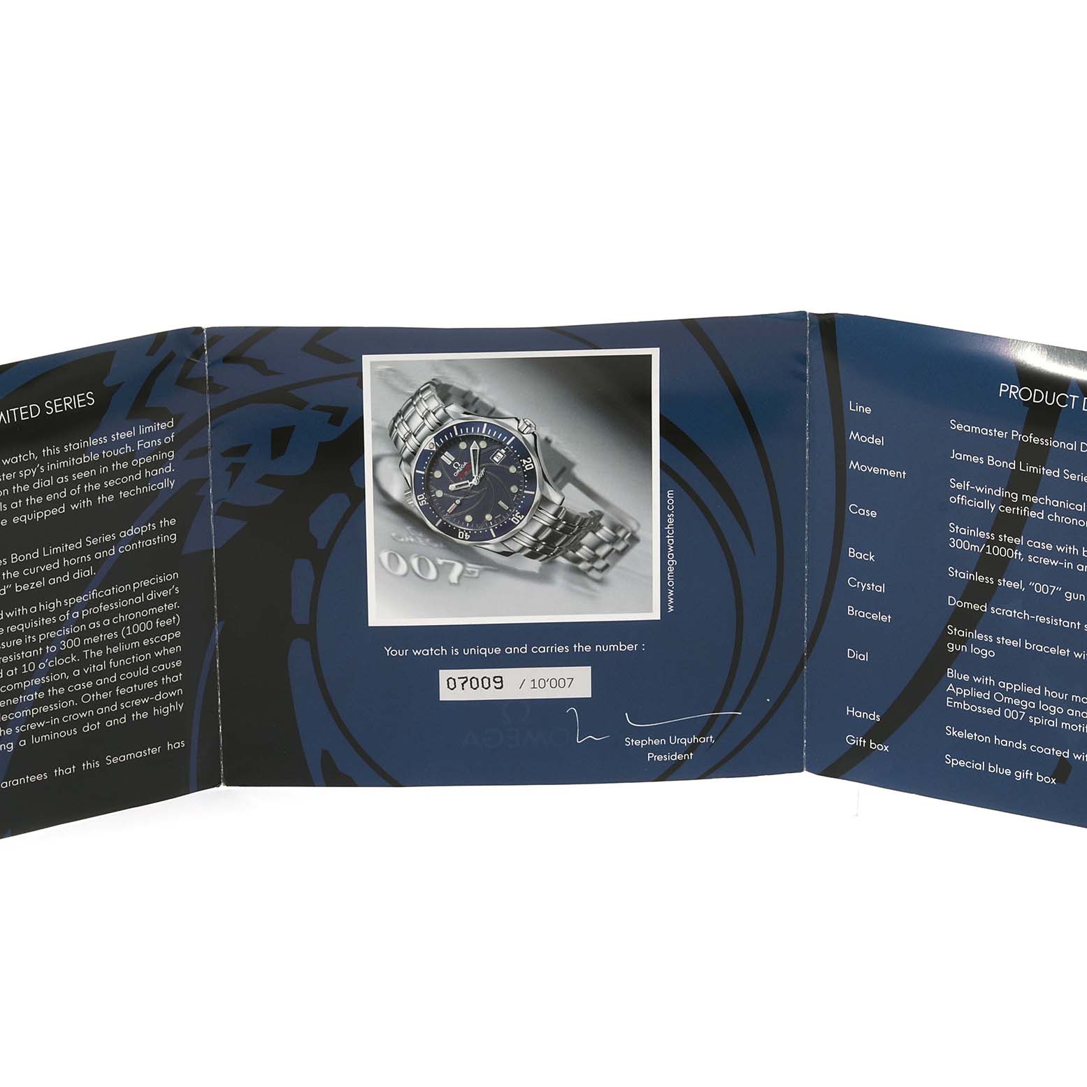 The Omega Seamaster 2226.80.00 Men
s Stainless Steel Blue Dial 2226.80.00 Men
s Stainless Steel Blue Dial watch is displayed front-on, highlighting the bracelet, dial, and case on a product certificate.