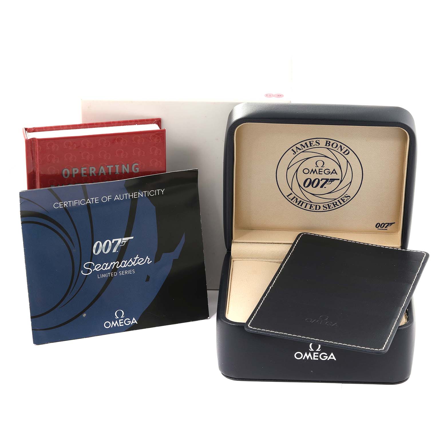 The image shows the Omega Seamaster 2226.80.00 Men
s Stainless Steel Blue Dial 2226.80.00 Men
s Stainless Steel Blue Dial watch box, certificate of Best Quality
ity, operating booklet, and a cardholder.