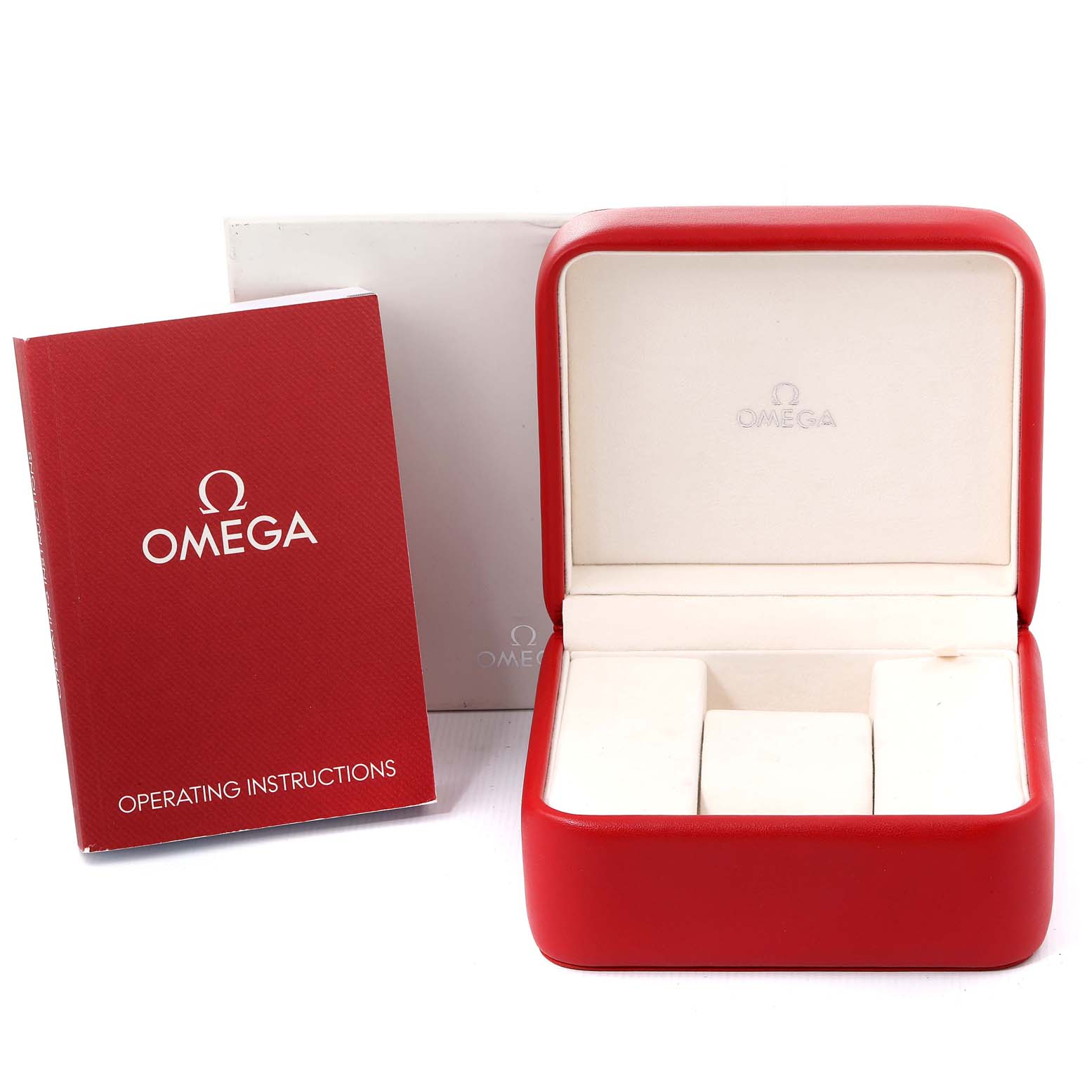 The image shows a red Omega Seamaster 2220.80.00 Men's Stainless Steel Blue Dial 2220.80.00 Men's Stainless Steel Blue Dial watch box with its open interior, alongside an operating instructions booklet.