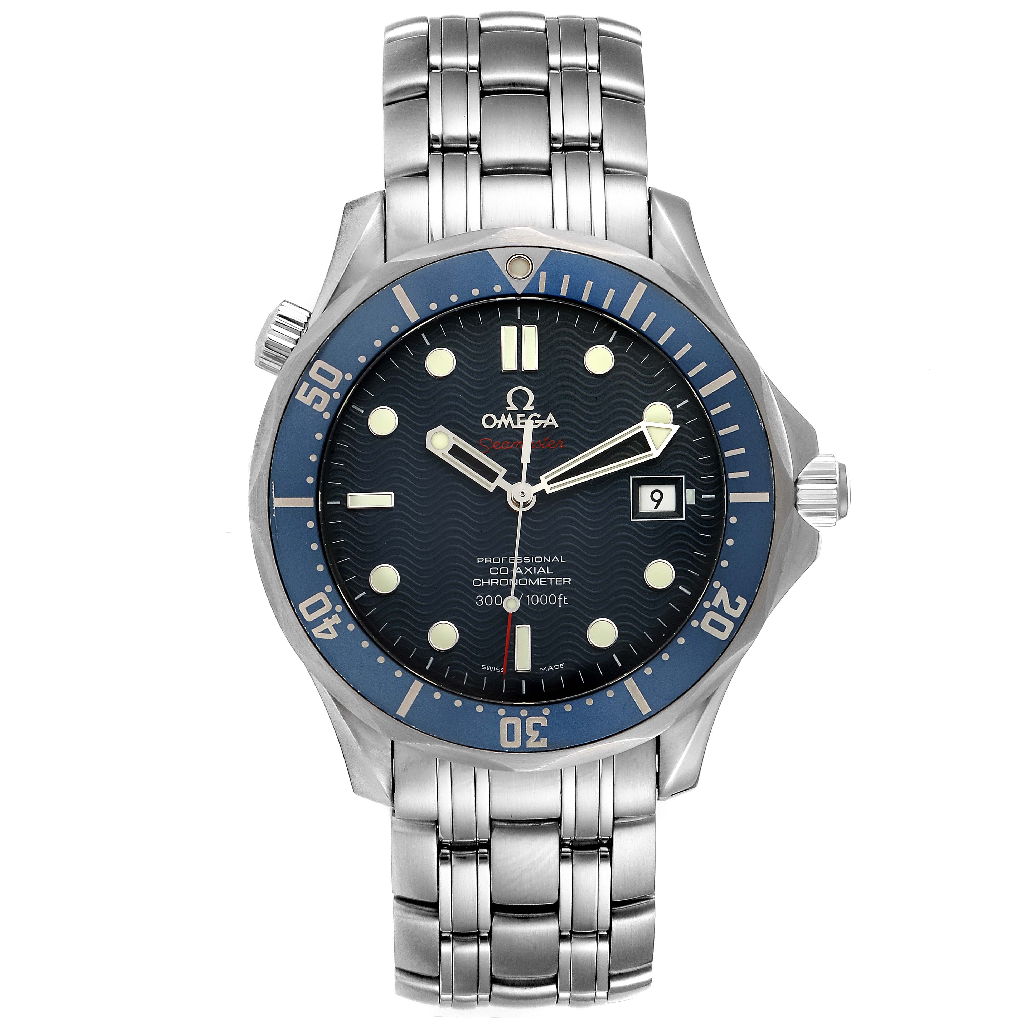 The Omega Seamaster 2220.80.00 Men's Stainless Steel Blue Dial 2220.80.00 Men's Stainless Steel Blue Dial watch is shown from a front angle, displaying the face, bezel, crown, and stainless steel bracelet.