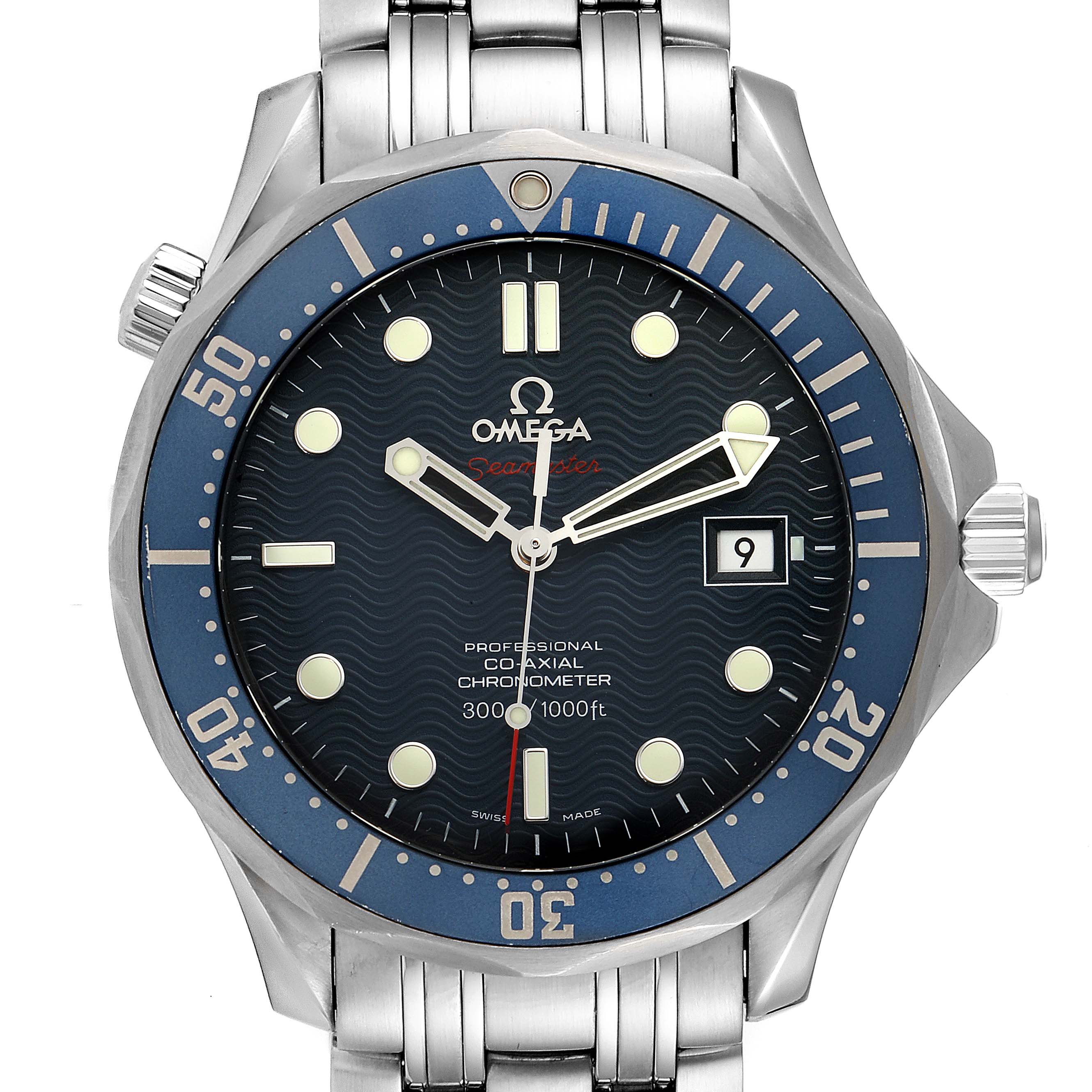 The image shows a front view of the Omega Seamaster 2220.80.00 Men's Stainless Steel Blue Dial 2220.80.00 Men's Stainless Steel Blue Dial watch, highlighting its face, bezel, crown, and stainless steel bracelet.