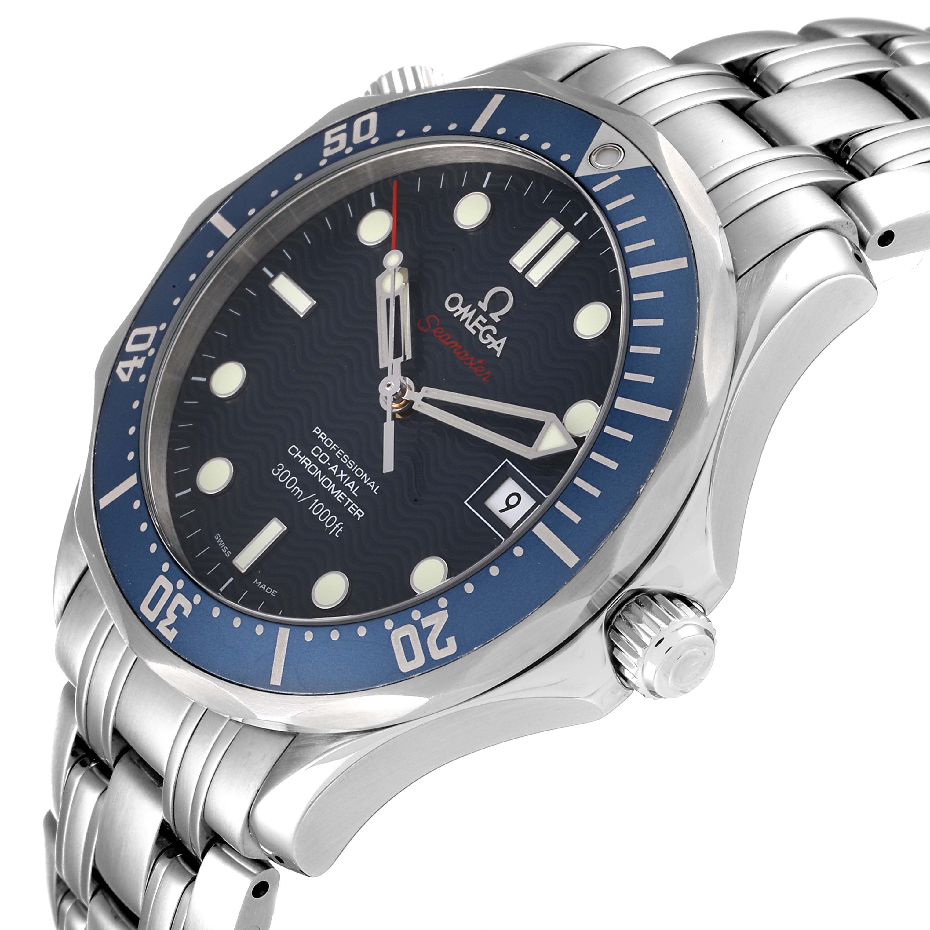 The Omega Seamaster 2220.80.00 Men's Stainless Steel Blue Dial 2220.80.00 Men's Stainless Steel Blue Dial watch is shown at a tilted angle, highlighting the bezel, dial, crown, and part of the bracelet.