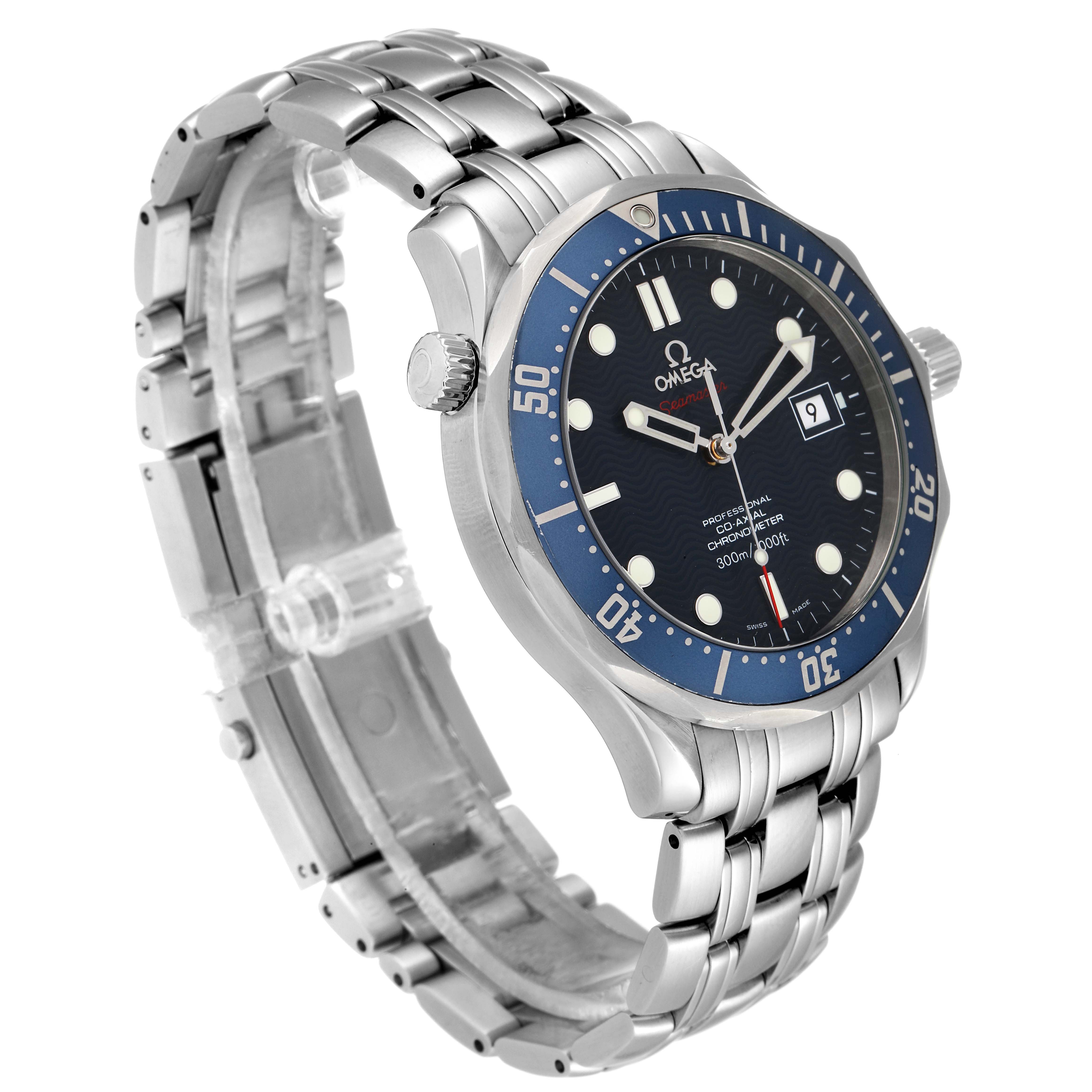 The image shows an angled view of an Omega Seamaster 2220.80.00 Men's Stainless Steel Blue Dial 2220.80.00 Men's Stainless Steel Blue Dial watch, highlighting the face, bezel, and stainless steel bracelet.