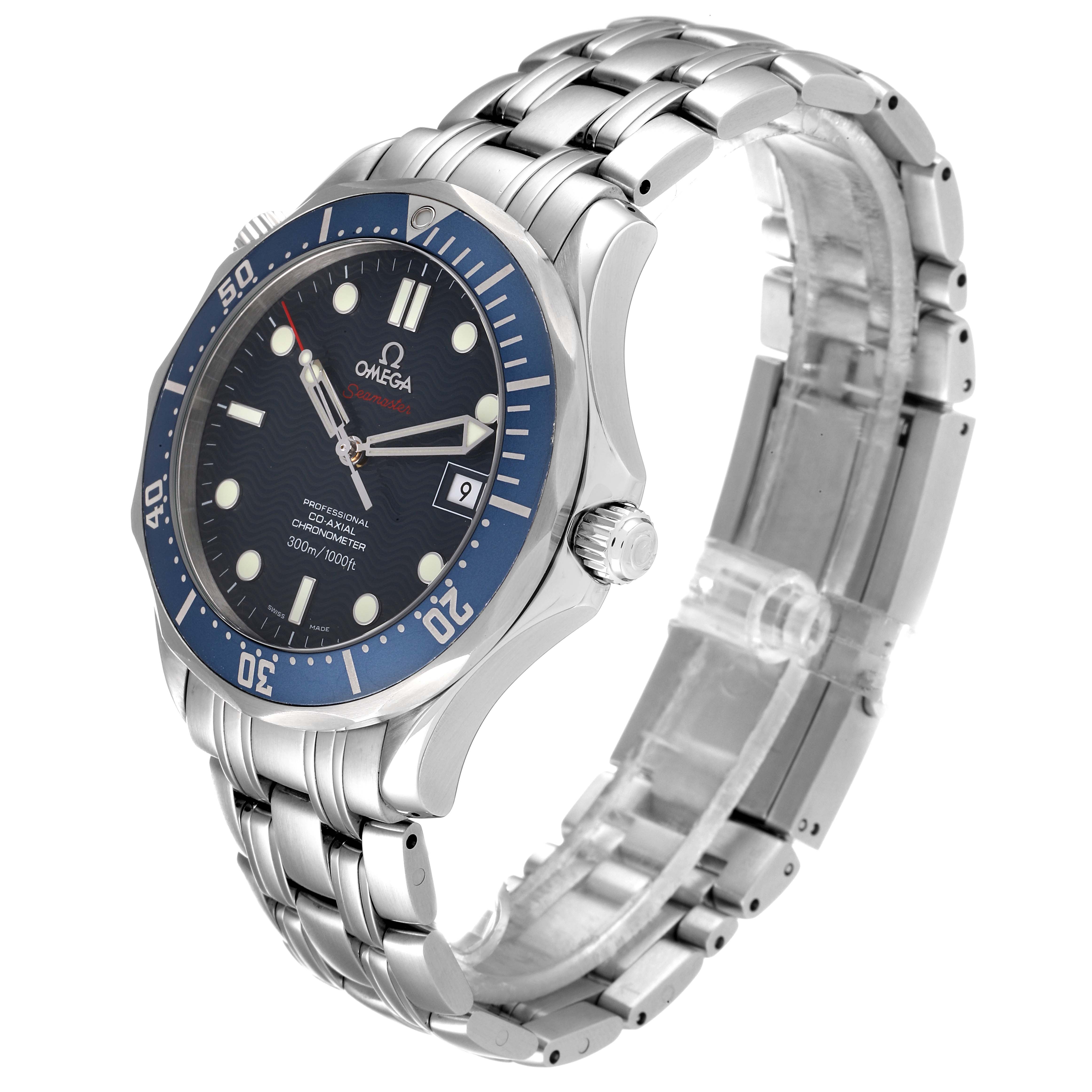 The Omega Seamaster 2220.80.00 Men's Stainless Steel Blue Dial 2220.80.00 Men's Stainless Steel Blue Dial watch is shown at an angle emphasizing the face, bezel, crown, and bracelet.