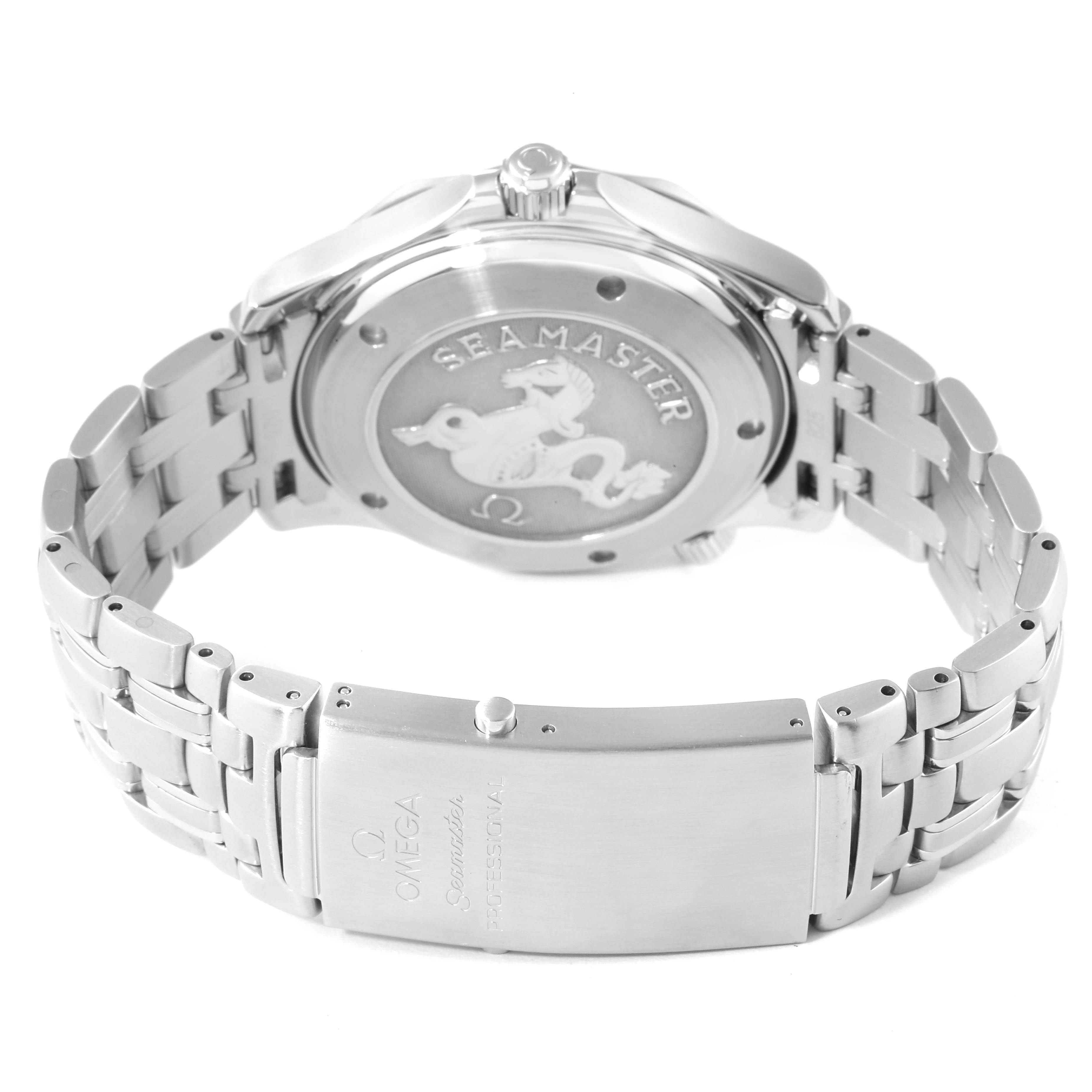 The image shows the back case and clasp of an Omega Seamaster 2220.80.00 Men's Stainless Steel Blue Dial 2220.80.00 Men's Stainless Steel Blue Dial watch, highlighting its metal bracelet and engraved details.