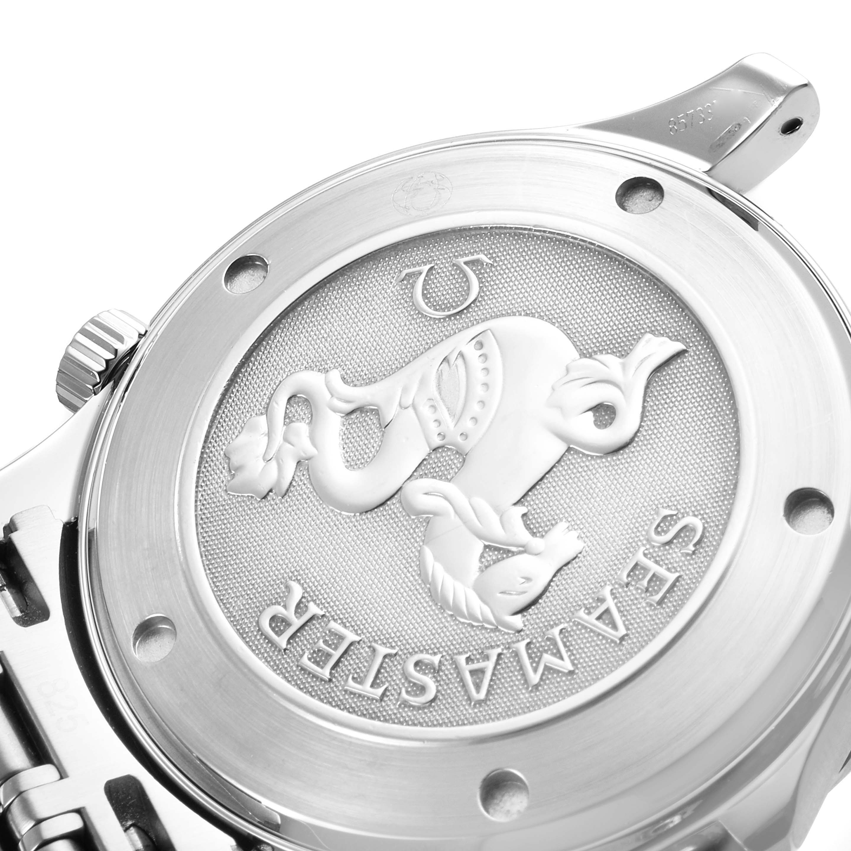 This image shows the case back of an Omega Seamaster 2220.80.00 Men's Stainless Steel Blue Dial 2220.80.00 Men's Stainless Steel Blue Dial watch from a close-up angle.