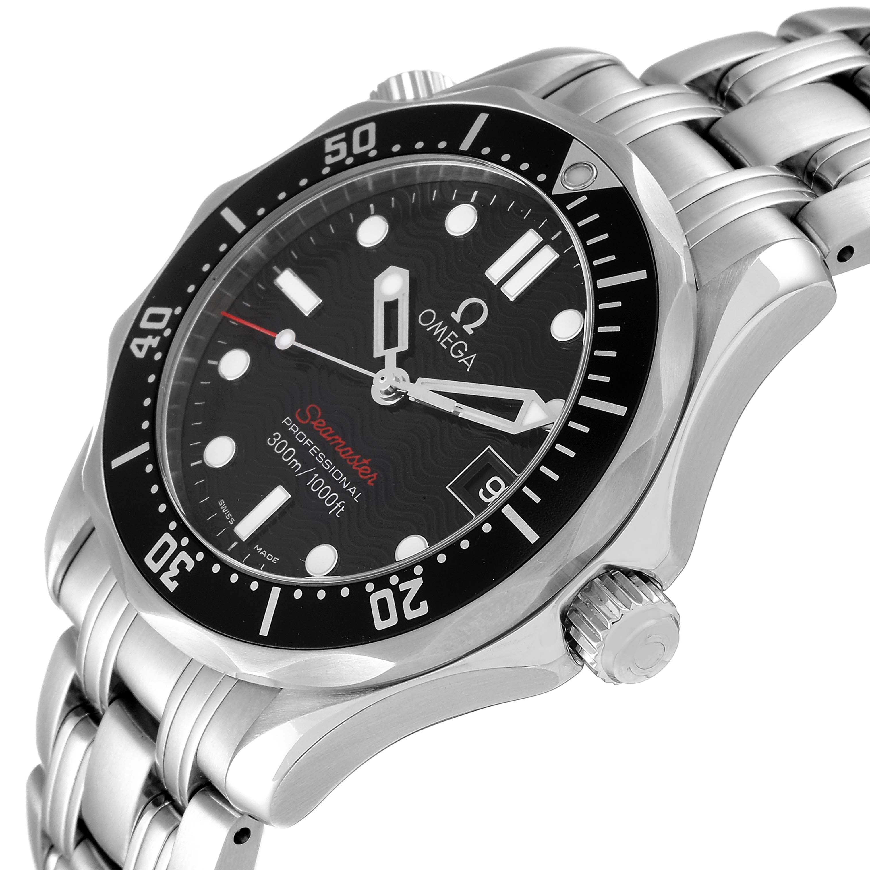 This image shows an angled side view of the Omega Seamaster 212.30.36.61.01.001 Men's Stainless Steel Black Dial 212.30.36.61.01.001 Men's Stainless Steel Black Dial watch, highlighting its bezel, dial, and stainless steel bracelet.