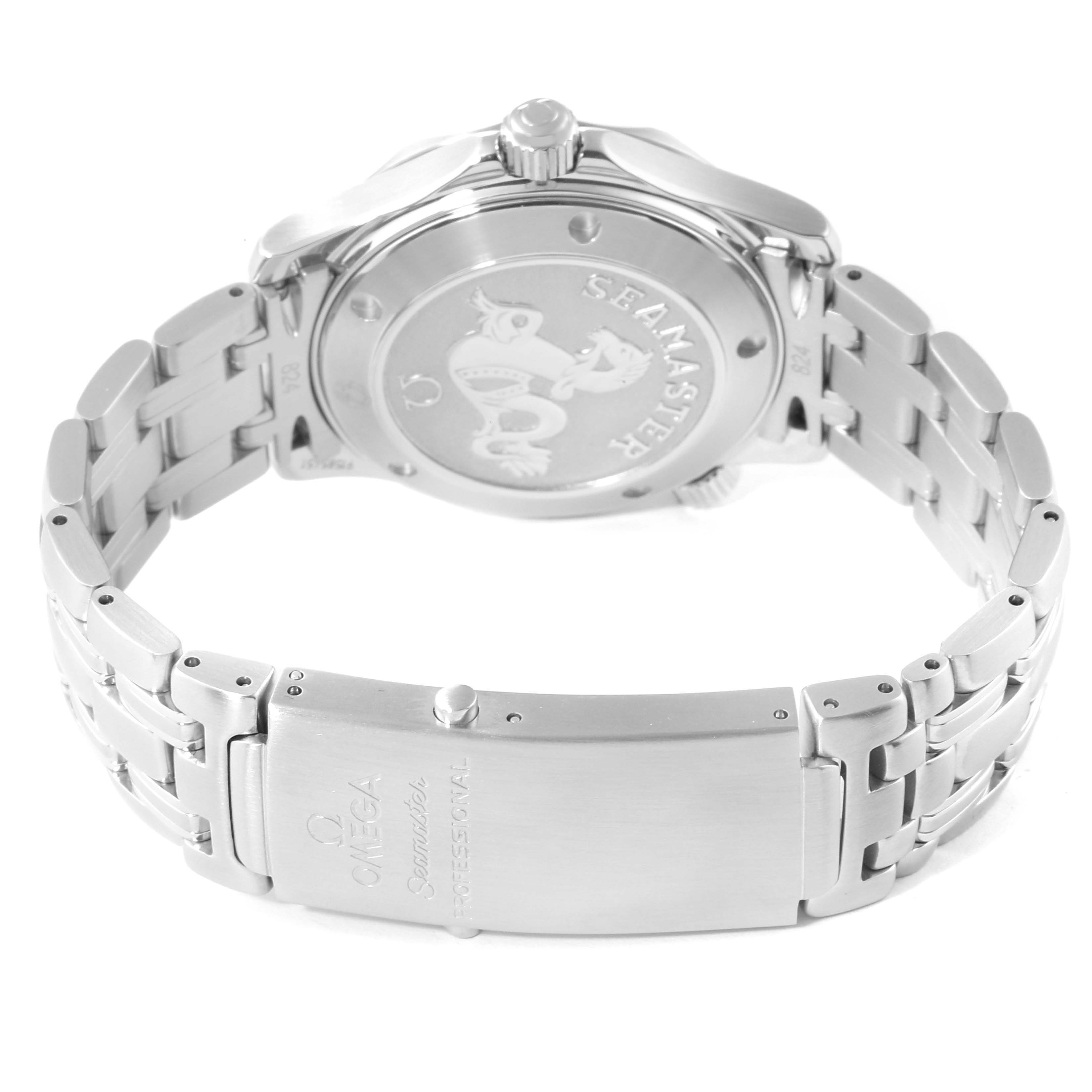 The image shows the back and clasp of an Omega Seamaster 212.30.36.61.01.001 Men's Stainless Steel Black Dial 212.30.36.61.01.001 Men's Stainless Steel Black Dial watch, highlighting its metal bracelet and engraved case back.