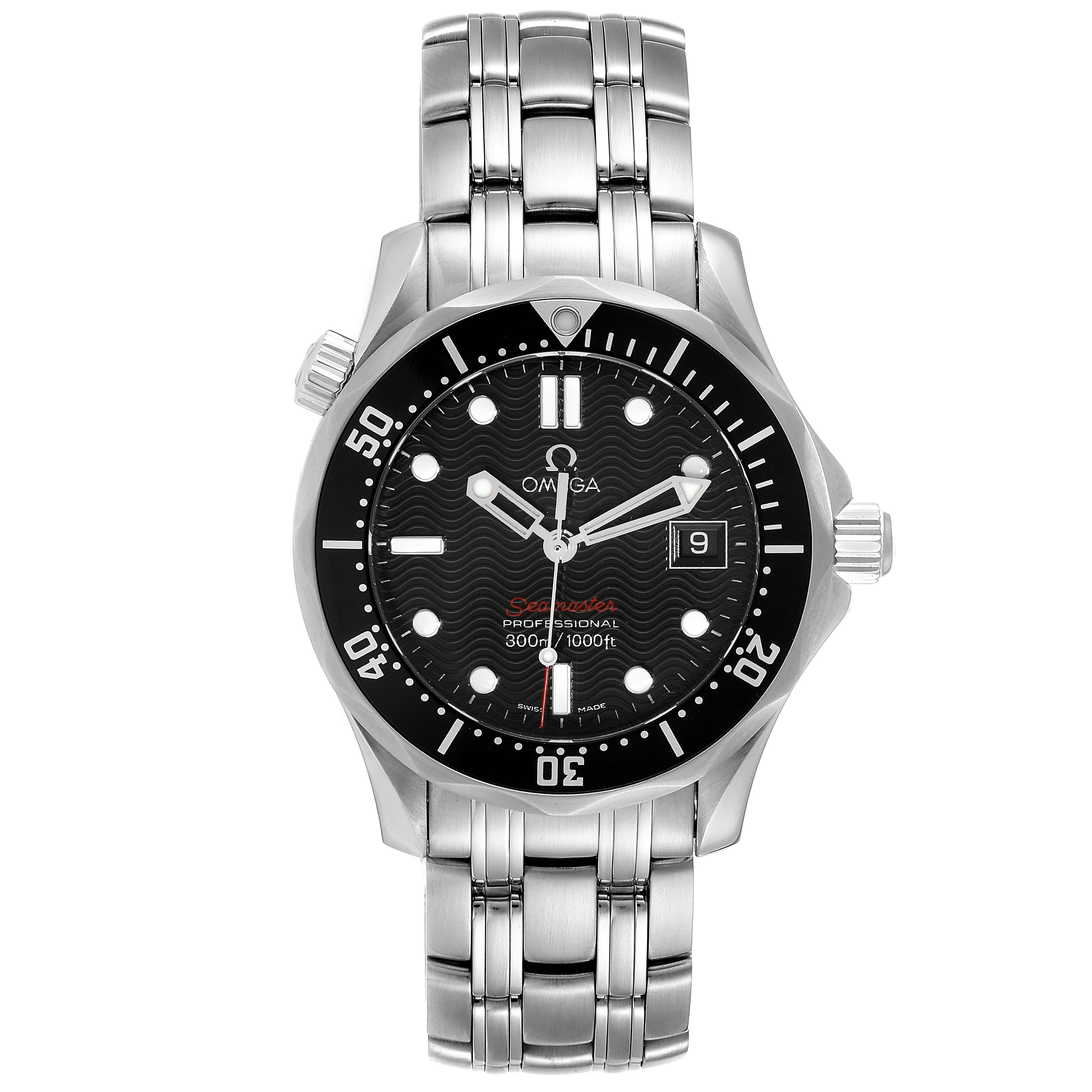 This image shows a front view of the Omega Seamaster 212.30.36.61.01.001 Men's Stainless Steel Black Dial 212.30.36.61.01.001 Men's Stainless Steel Black Dial watch, highlighting the dial, bezel, bracelet, and date window.