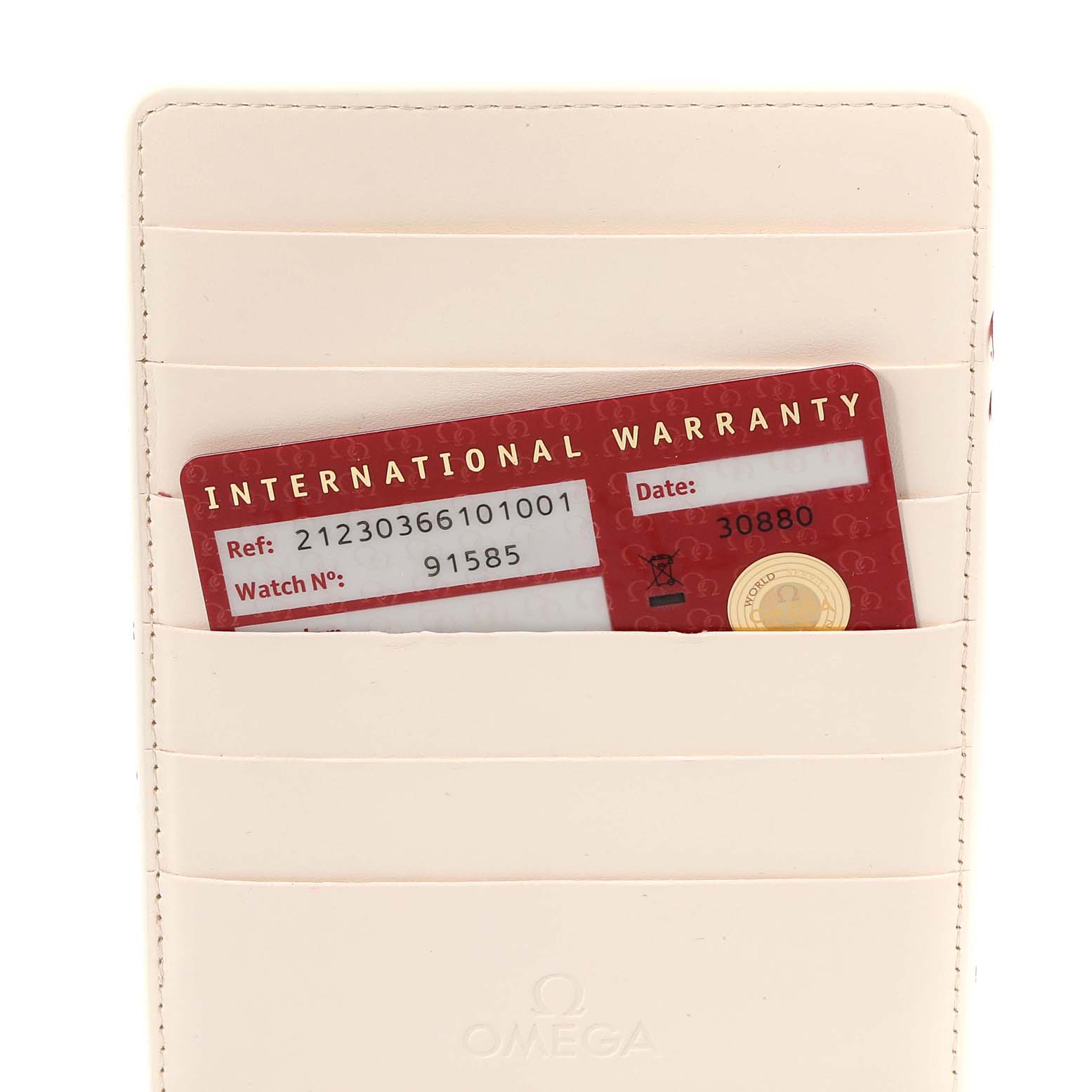 The image shows the international warranty card and its holder for the Omega Seamaster 212.30.36.61.01.001 Men's Stainless Steel Black Dial 212.30.36.61.01.001 Men's Stainless Steel Black Dial model.