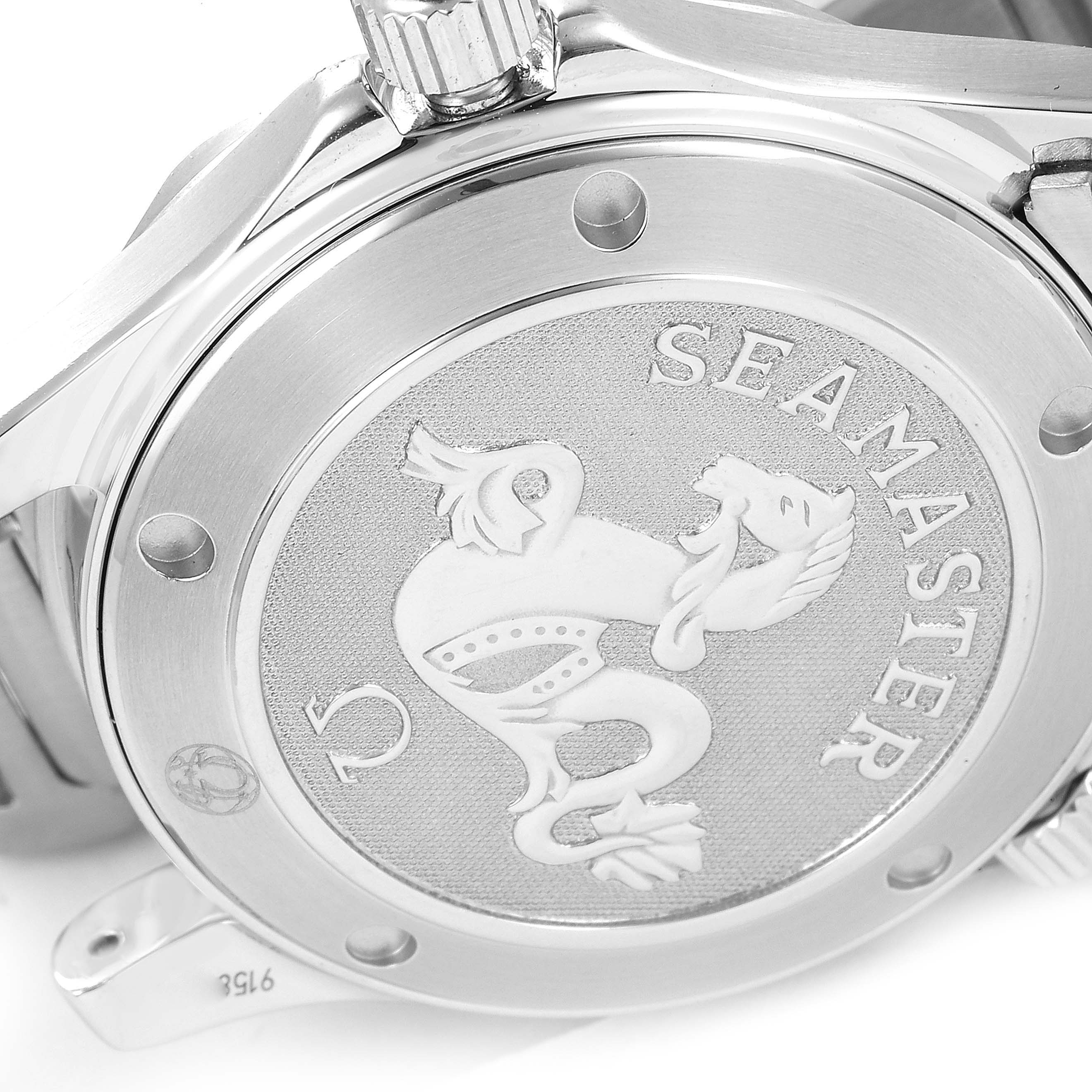 This image shows the case back and crown of the Omega Seamaster 212.30.36.61.01.001 Men's Stainless Steel Black Dial 212.30.36.61.01.001 Men's Stainless Steel Black Dial watch, featuring an engraved design and the Seamaster logo.