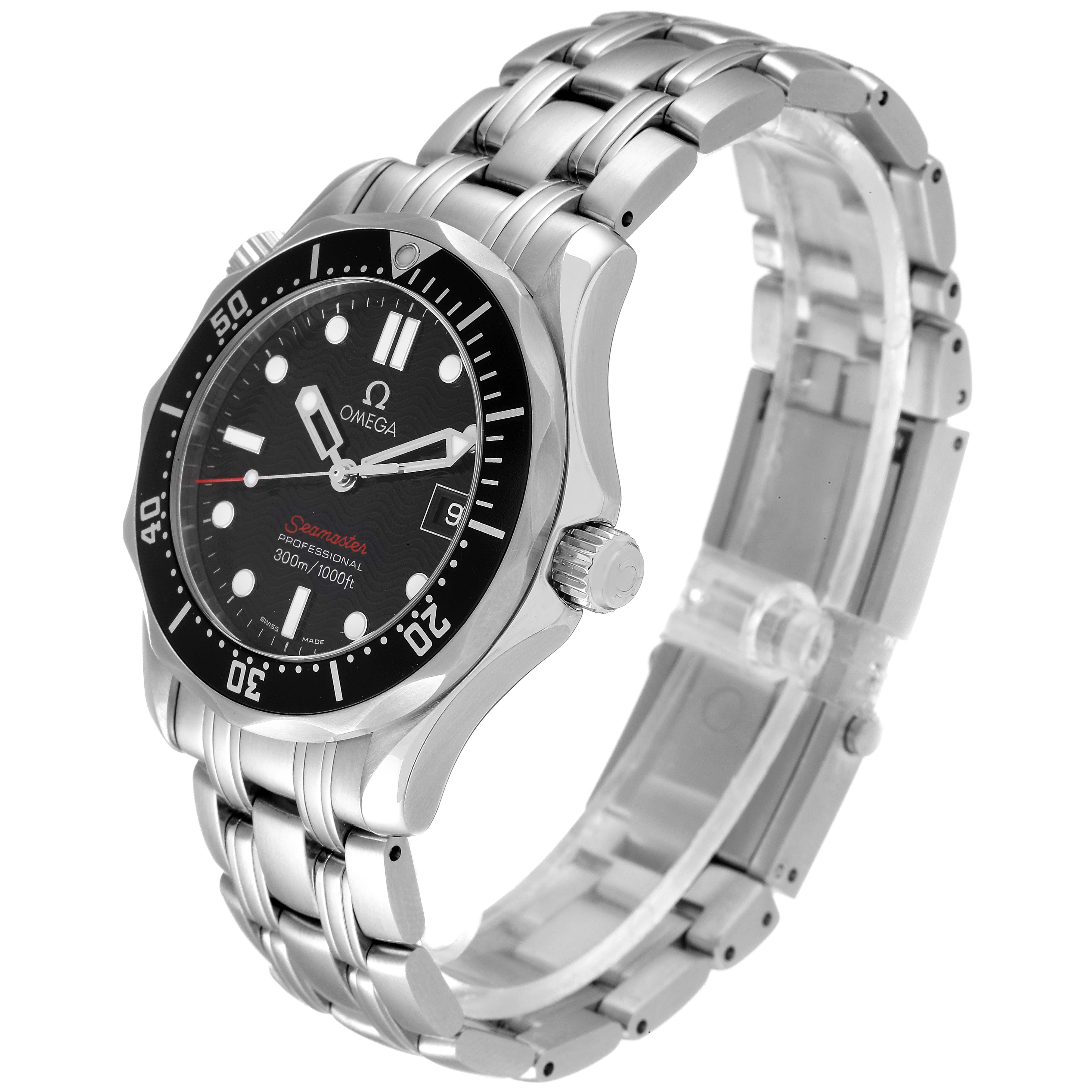 The Omega Seamaster 212.30.36.61.01.001 Men's Stainless Steel Black Dial 212.30.36.61.01.001 Men's Stainless Steel Black Dial watch is shown from a side angle, highlighting the face, bezel, bracelet, and crown.