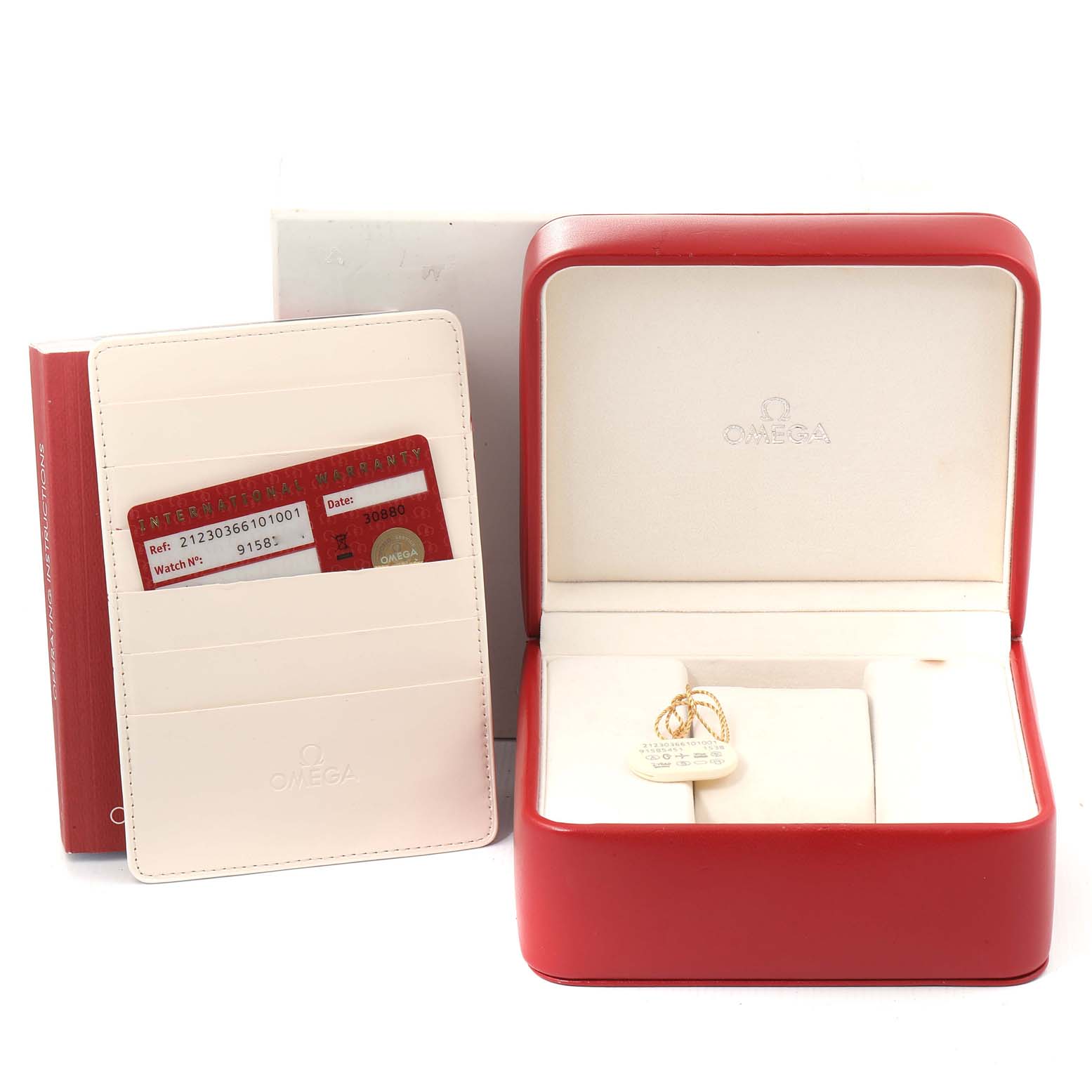 The image shows the packaging and accessories for an Omega Seamaster 212.30.36.61.01.001 Men's Stainless Steel Black Dial 212.30.36.61.01.001 Men's Stainless Steel Black Dial watch, including a red box, instruction manual, and guarantee card.