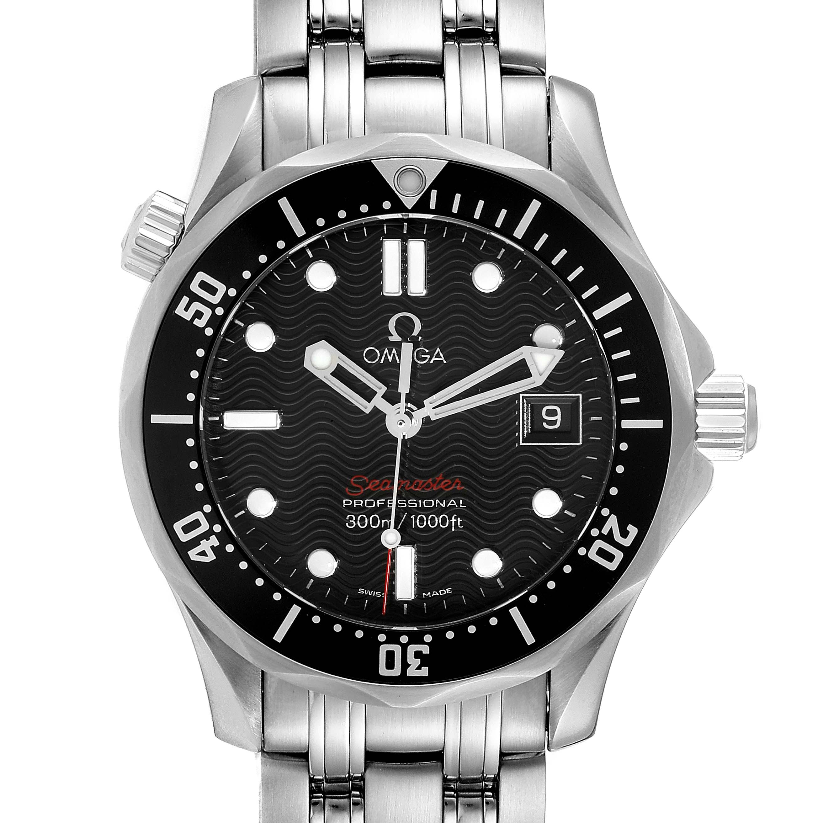 This image shows a front view of an Omega Seamaster 212.30.36.61.01.001 Men's Stainless Steel Black Dial 212.30.36.61.01.001 Men's Stainless Steel Black Dial watch, highlighting the bezel, dial, hands, and bracelet.