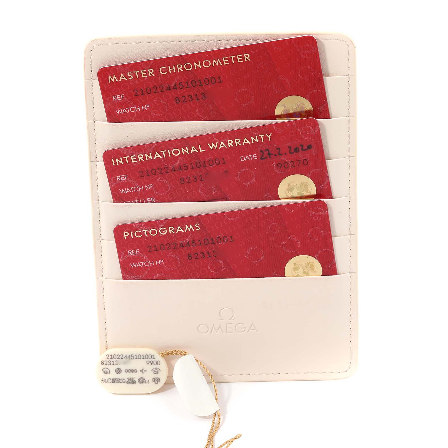 The image shows Omega Seamaster 210.22.44.51.01.001 Men's Steel and Gold (two tone) Black Dial 210.22.44.51.01.001 Men's Steel and Gold (two tone) Black Dial model cards for Master Chronometer, International Warranty, and Pictograms in a cardholder.